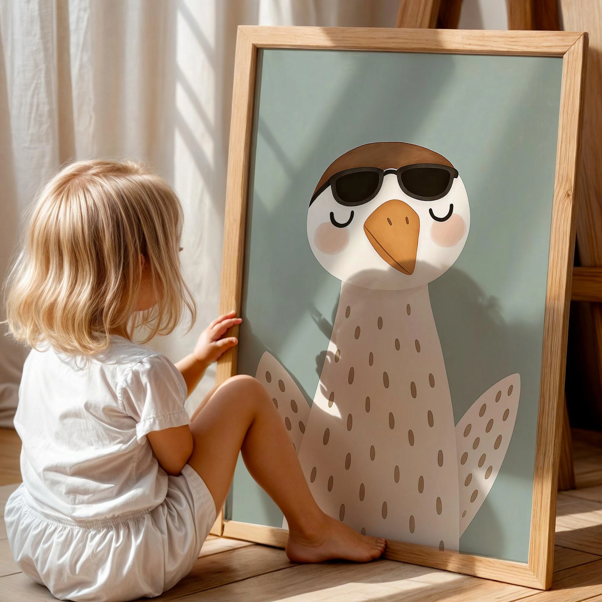 Gözlüklü Yavru Kuş Mavi Fonlu Çocuk Odası Ahşap Tablo