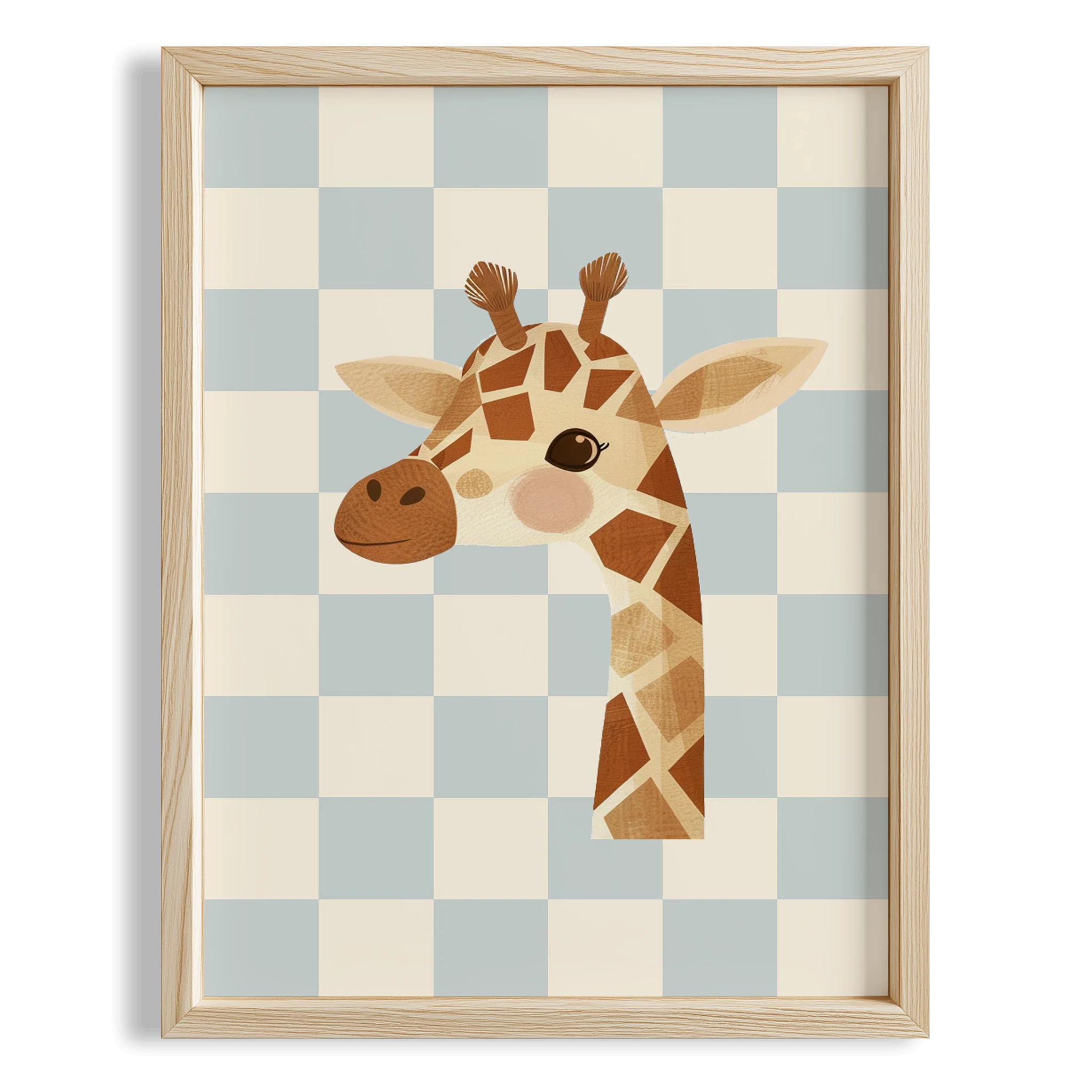 Zürafa Sevimli Safari Hayvanları Açık Mavi Kareli Fonlu Çocuk Odası Ahşap Tablo