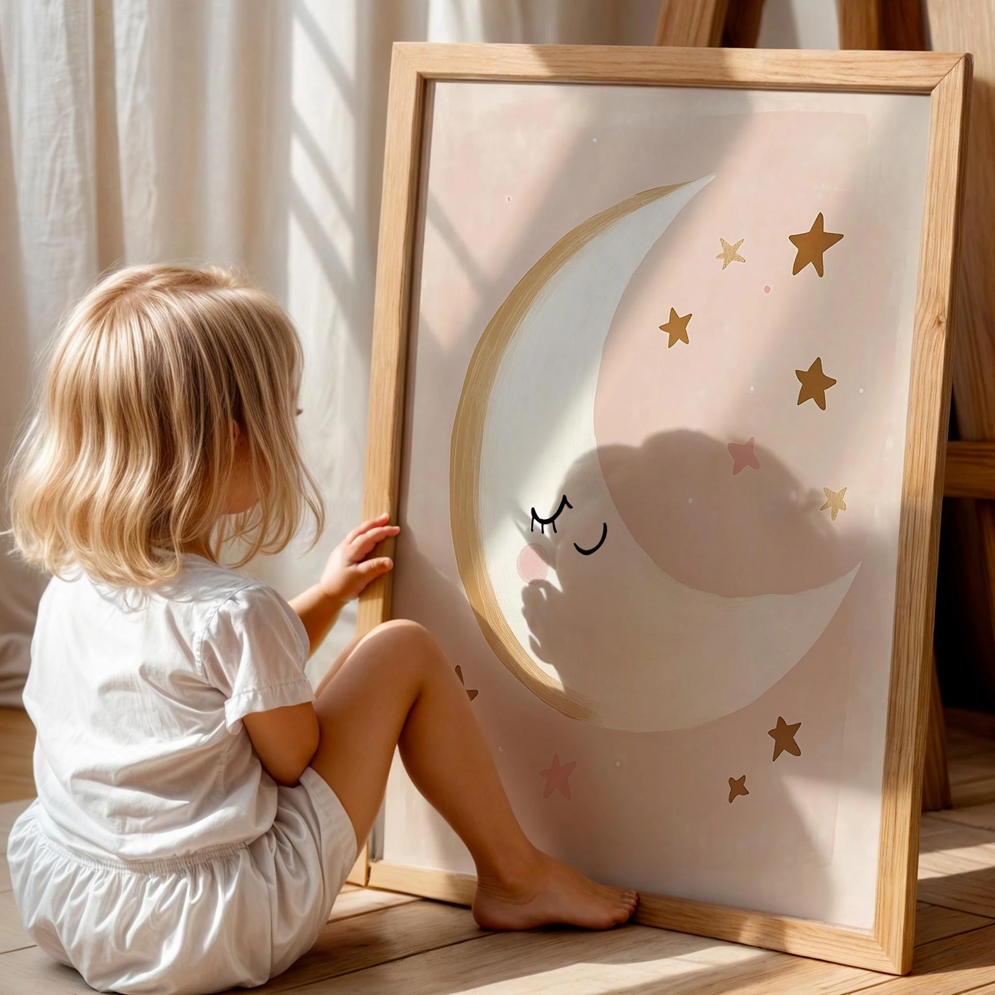 Uyuyan Mutlu Hilal Bohem Kız Çocuk Odası Ahşap Tablo