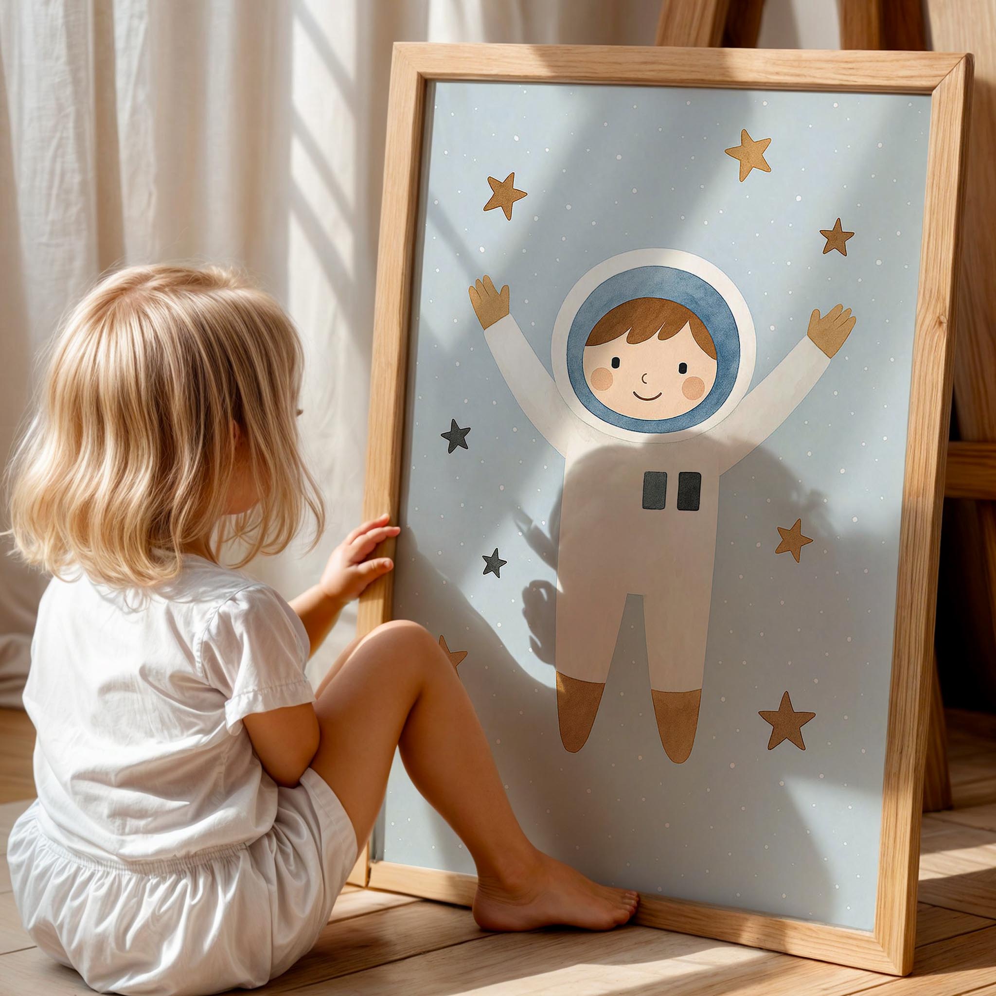 Astronot Çocuk Uzay Temalı Erkek Çocuk Odası Ahşap Tablo