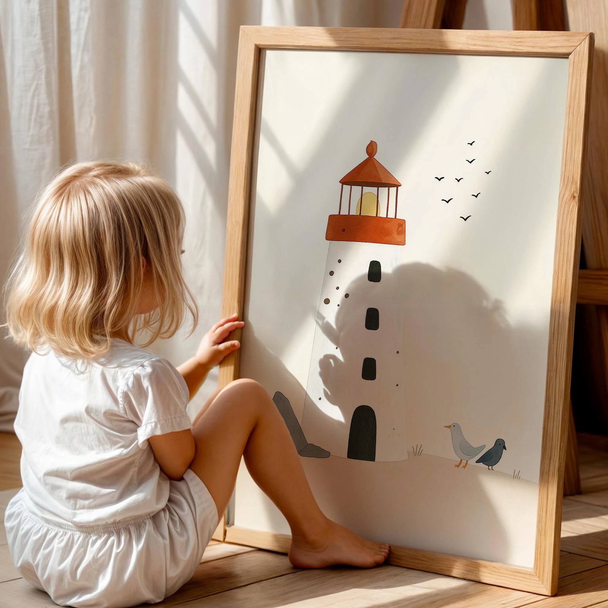 Deniz Feneri ve Martılar Çocuk Odası Ahşap Tablo