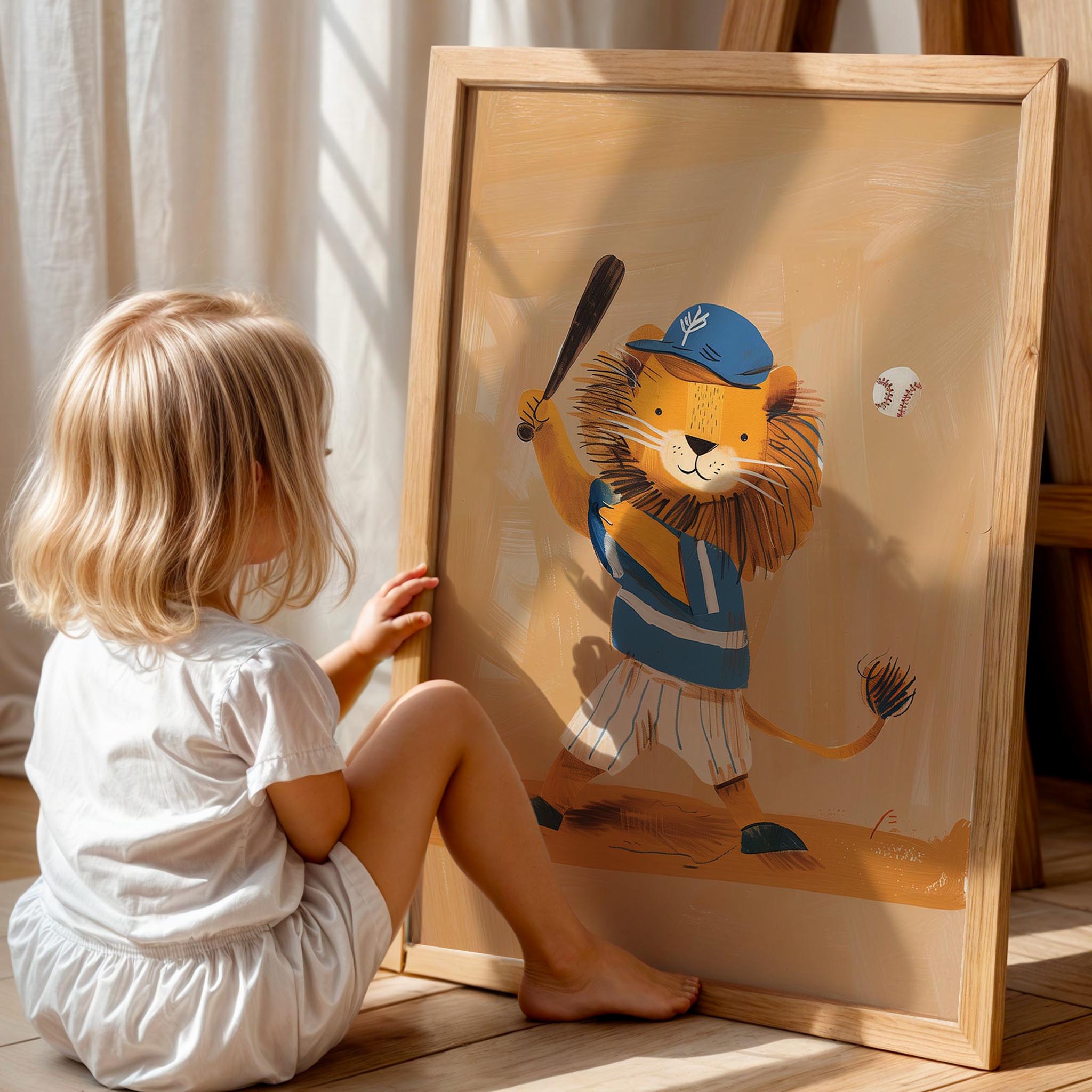 Beyzbol Oynayan Aslan Erkek Çocuk Odası Ahşap Tablo