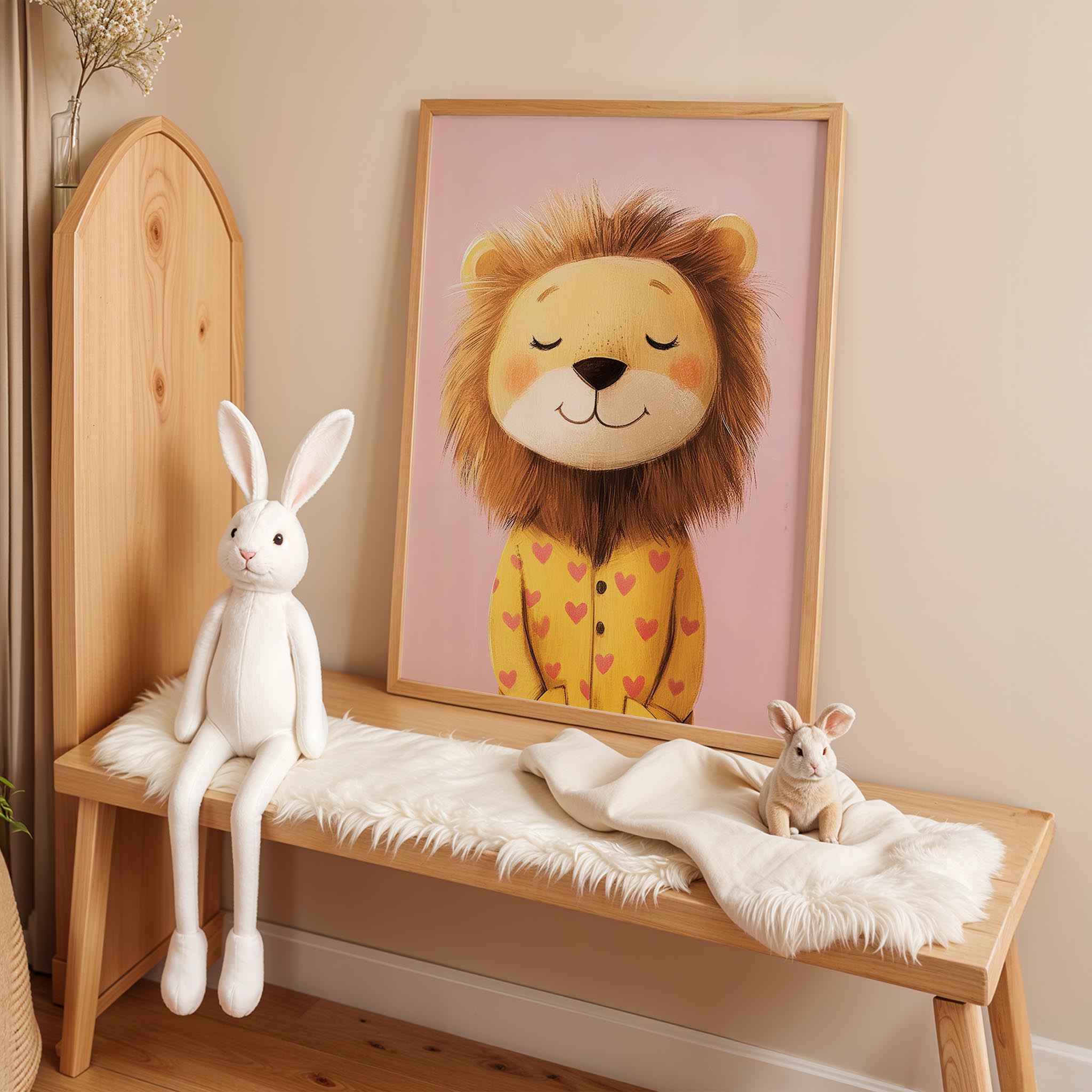 Pijamalı Uykucu Aslan - Pembe Fon