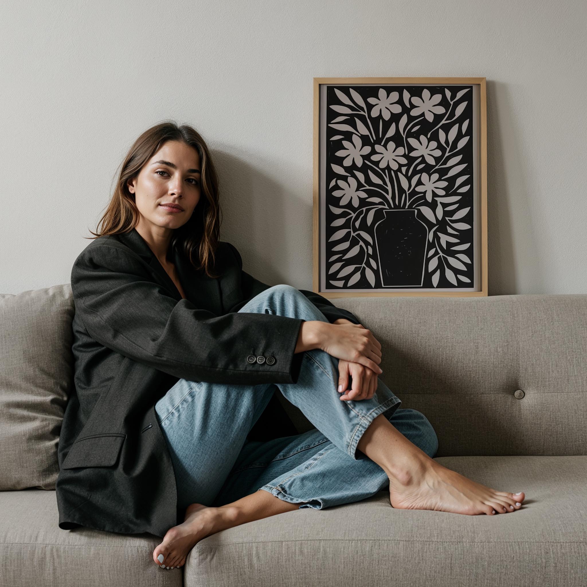 Soyut Vazo ve Çiçekler I - Siyah Bej