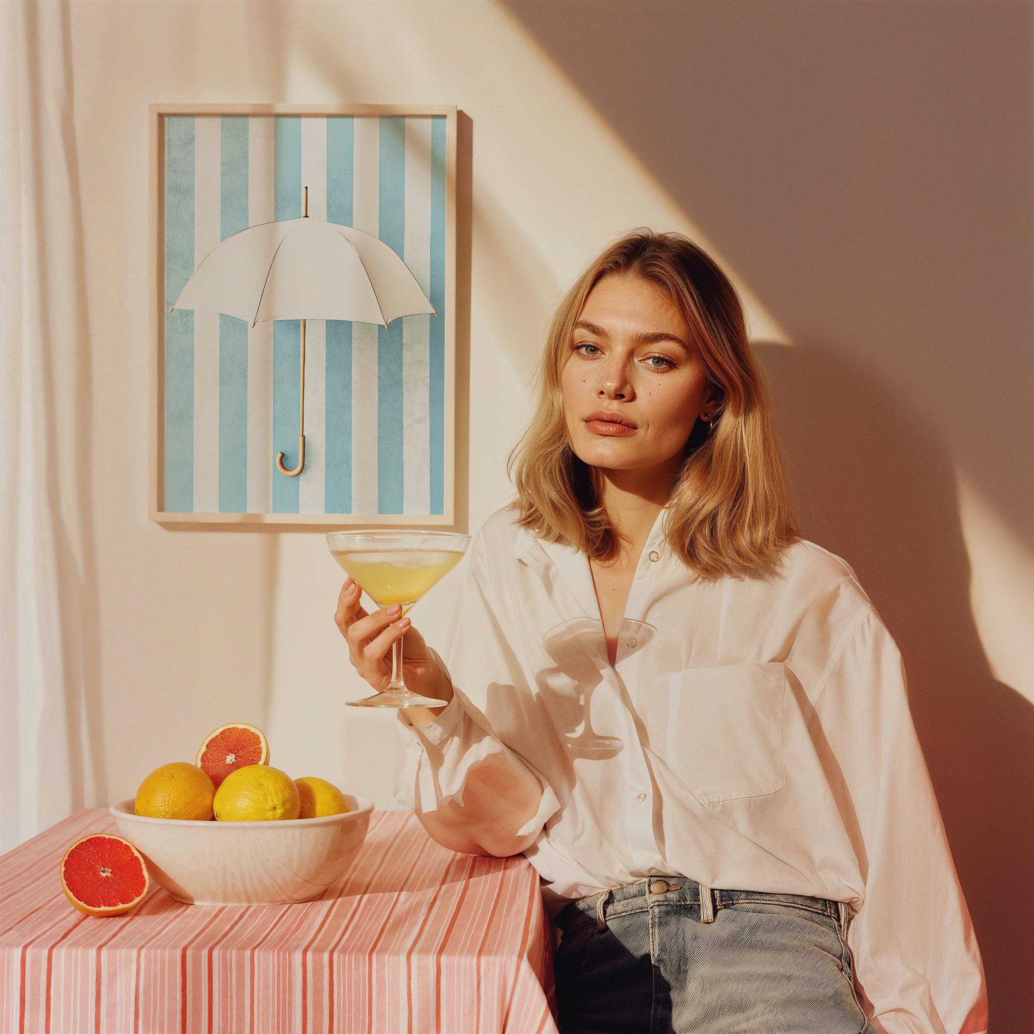 Beyaz Şemsiye Minimalist Çizim - Duvar Tablosu