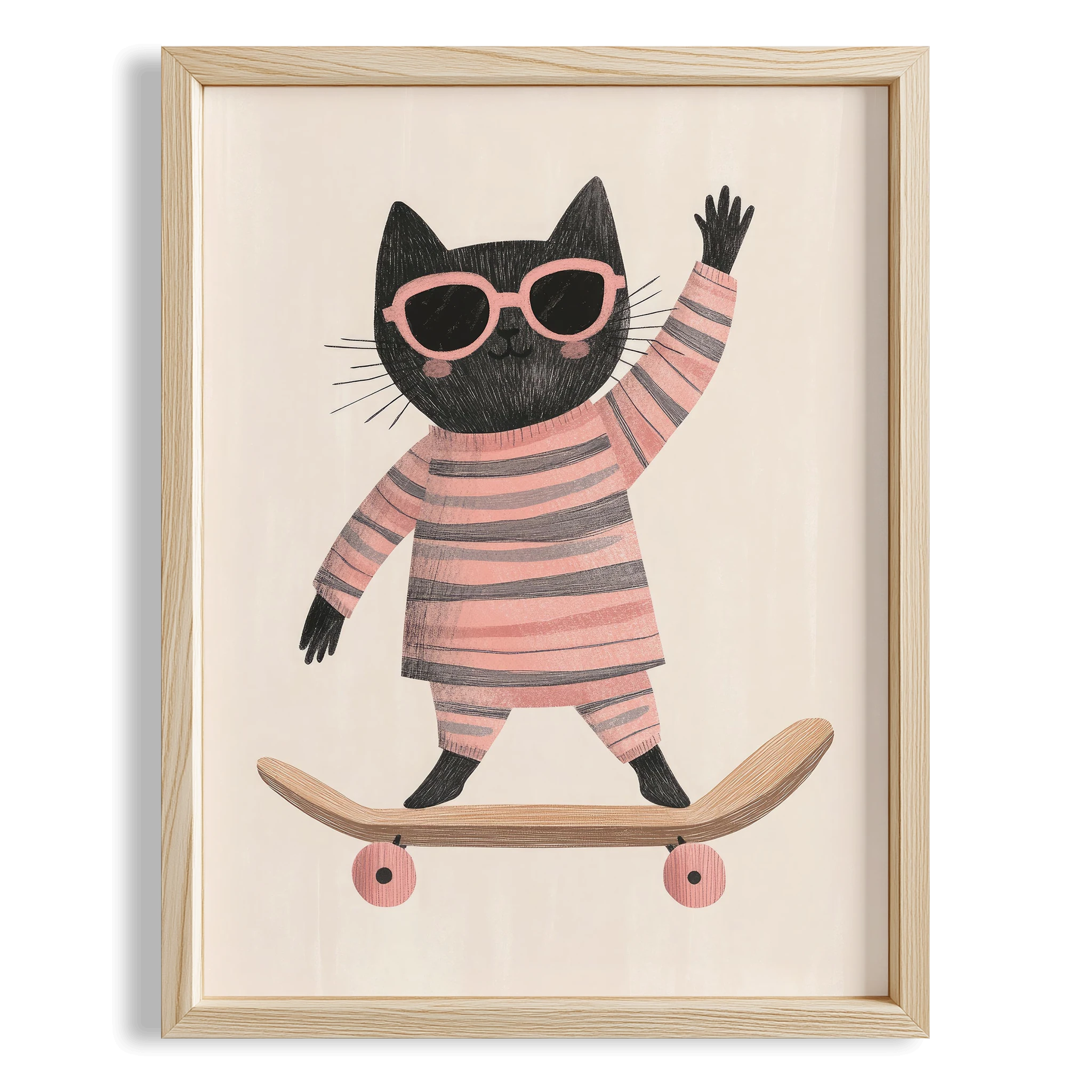 Pijamalı Kaykaycı Kara Kedi - Beyaz Fon