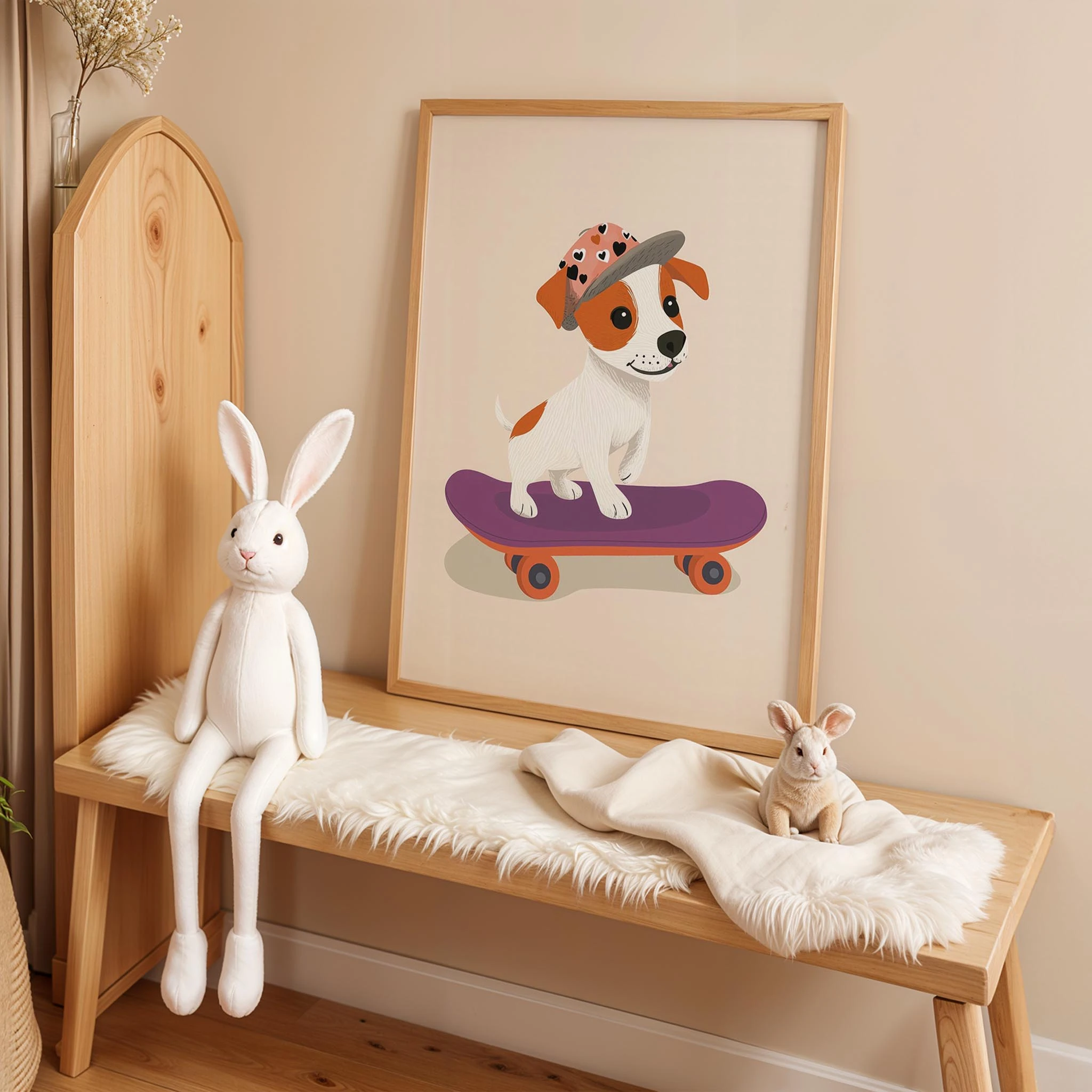 Kaykaycı Sevimli Köpek - Krem Fon