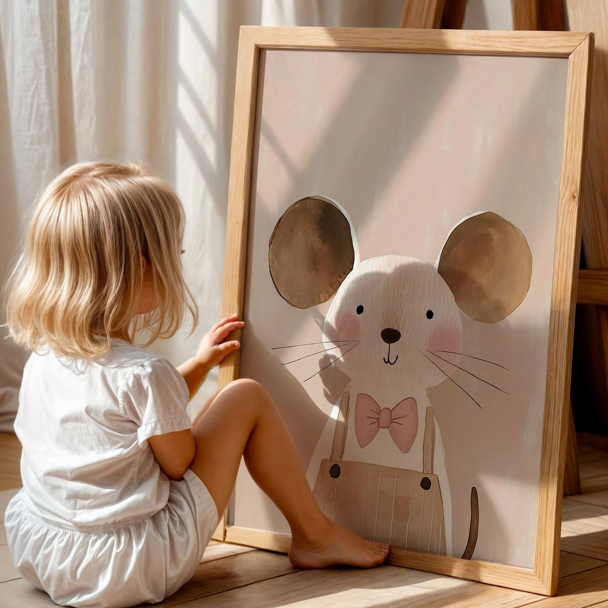 Sevimli Pembe Papyonlu Fare Bohem Kız Çocuk Odası Ahşap Tablo