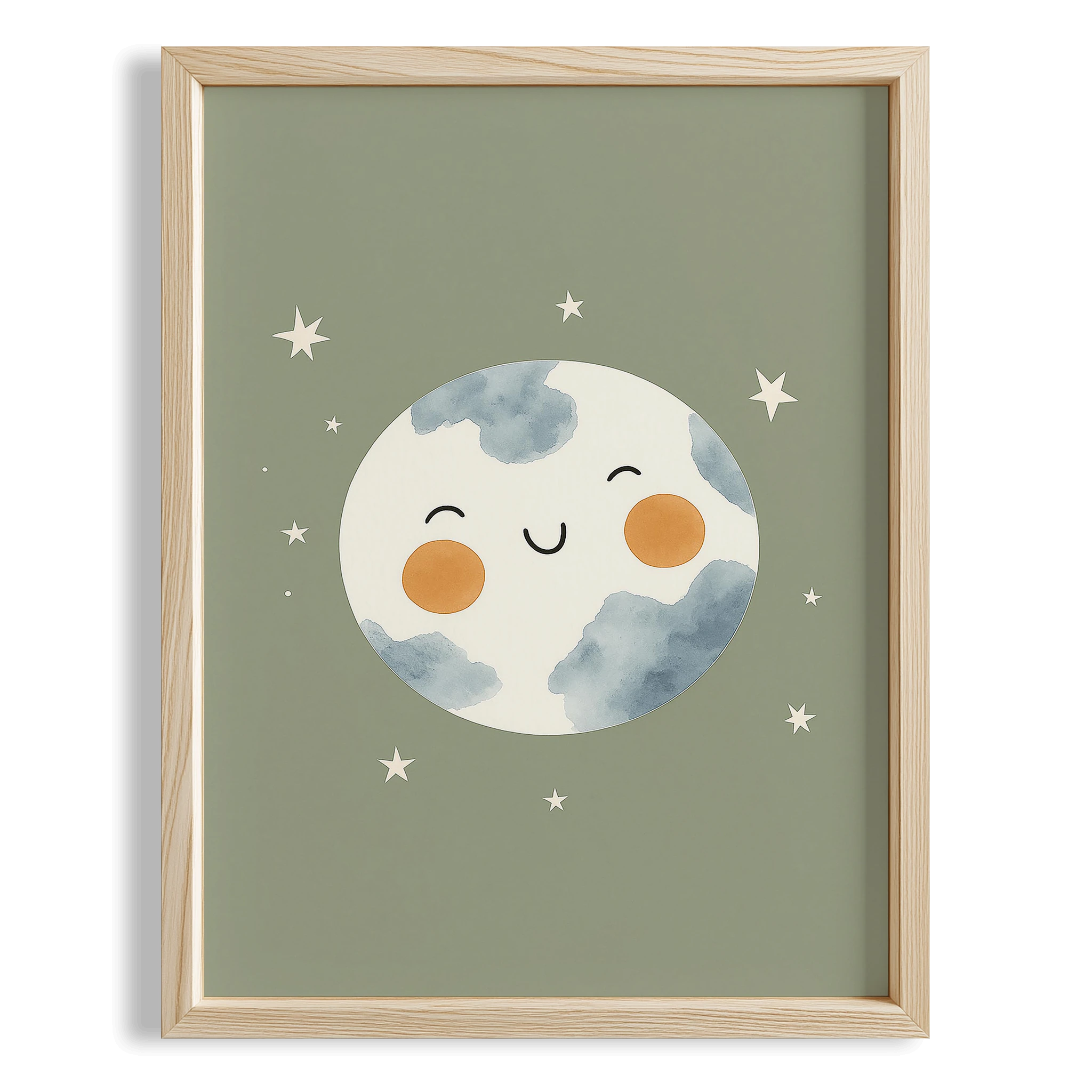 Sevimli Ay ve Yıldızlar Yeşil Fonlu Çocuk Odası Ahşap Tablo