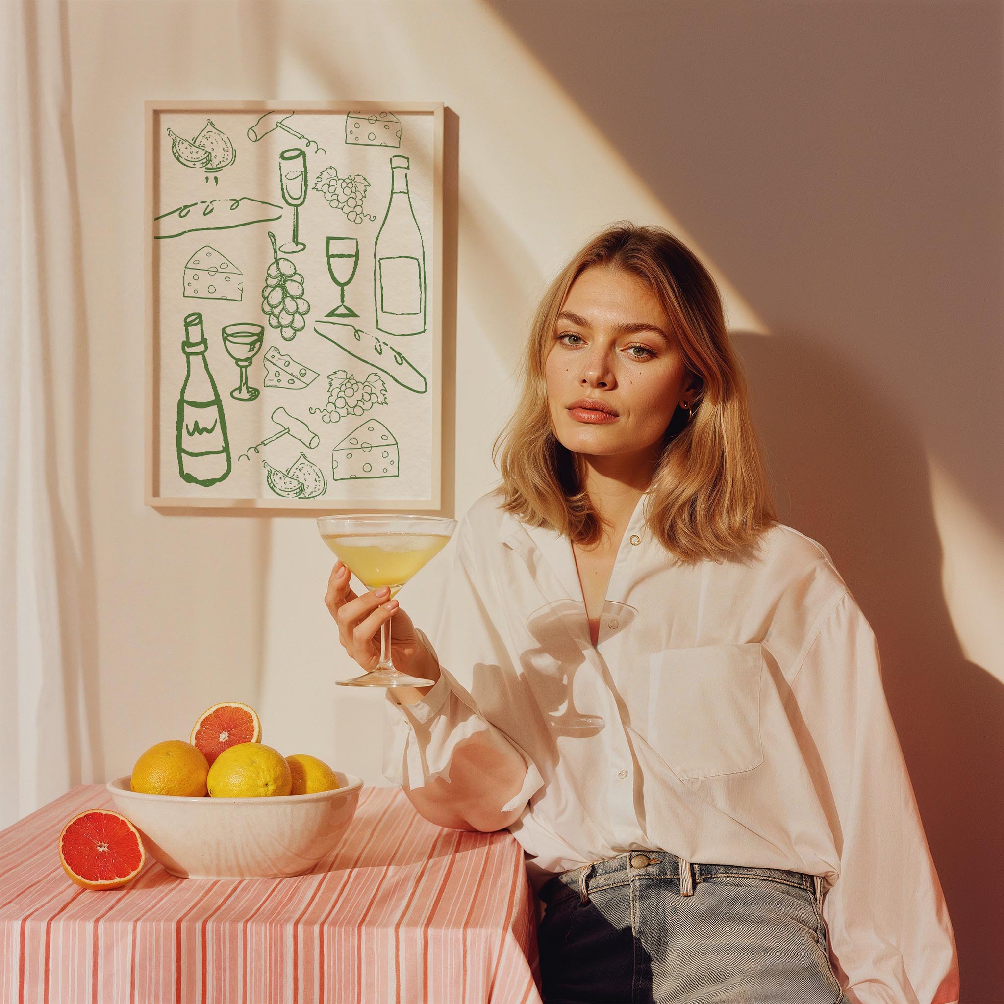 Şarap ve Atıştırmalıklar Çizim Mutfak Duvar Tablosu