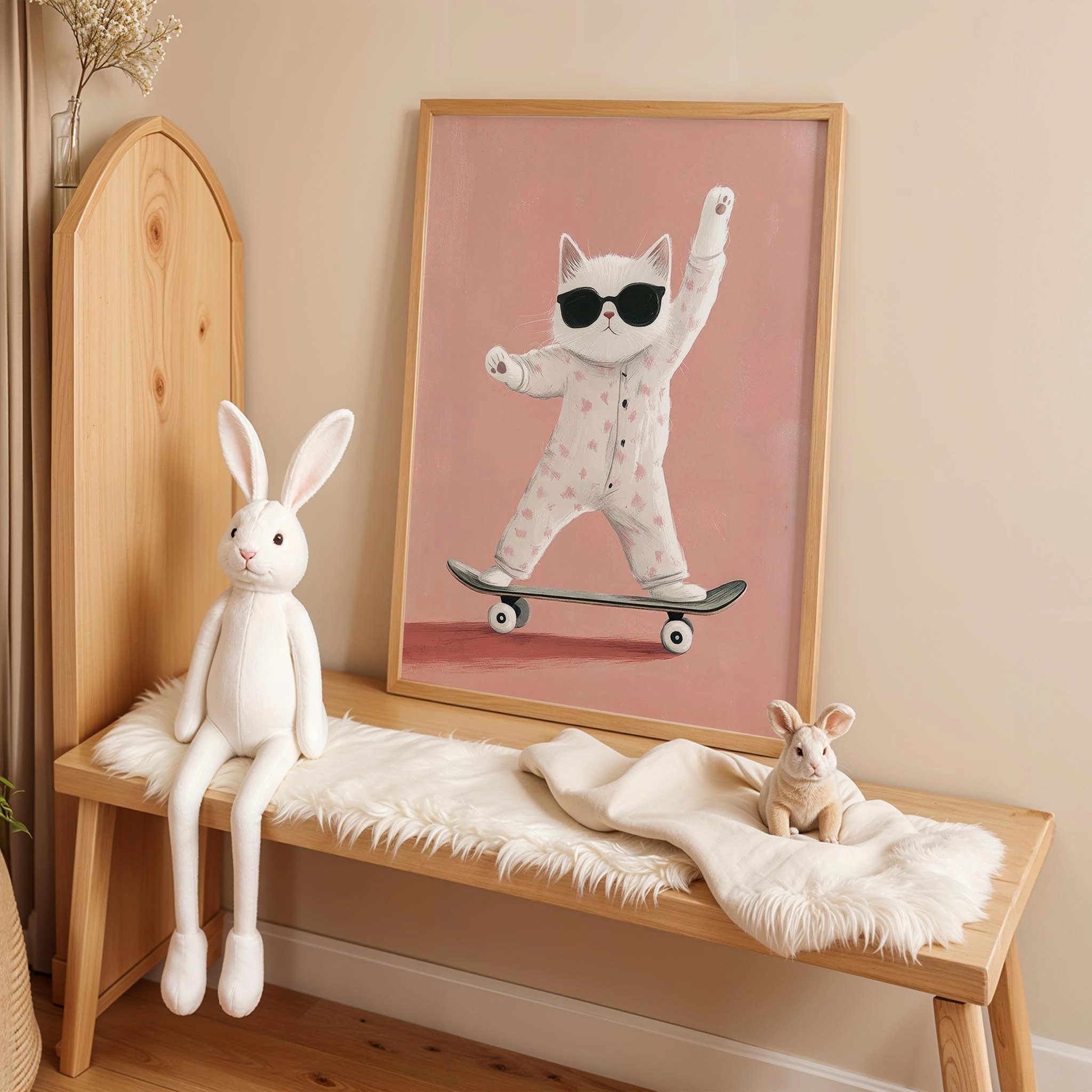 Pijamalı Kaykaycı Kedi - Pembe Fon