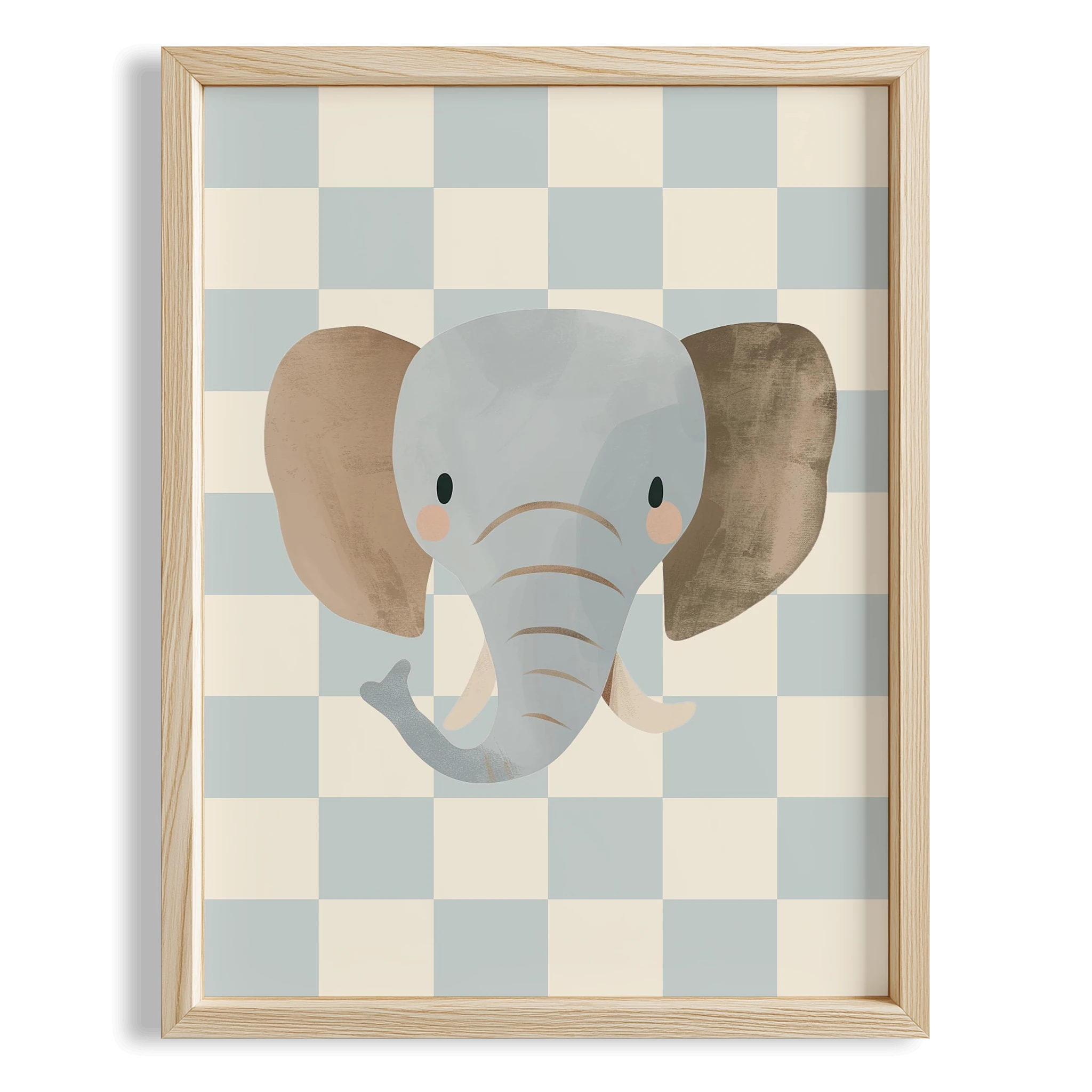 Fil Sevimli Safari Hayvanları Açık Mavi Kareli Fonlu Çocuk Odası Ahşap Tablo