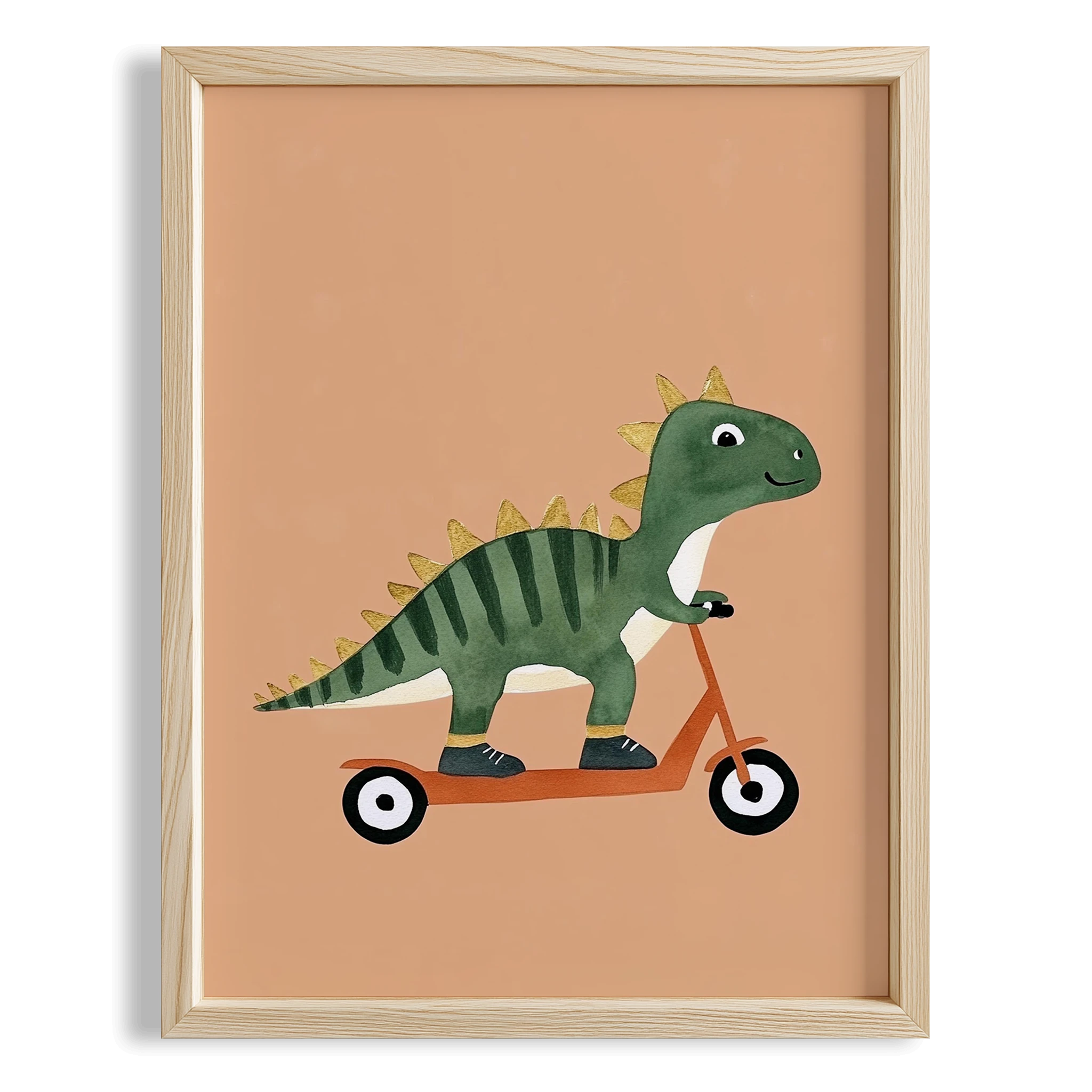 Scooter Süren Dinozor Temalı Krem Fonlu Çocuk Odası Ahşap Tablo III