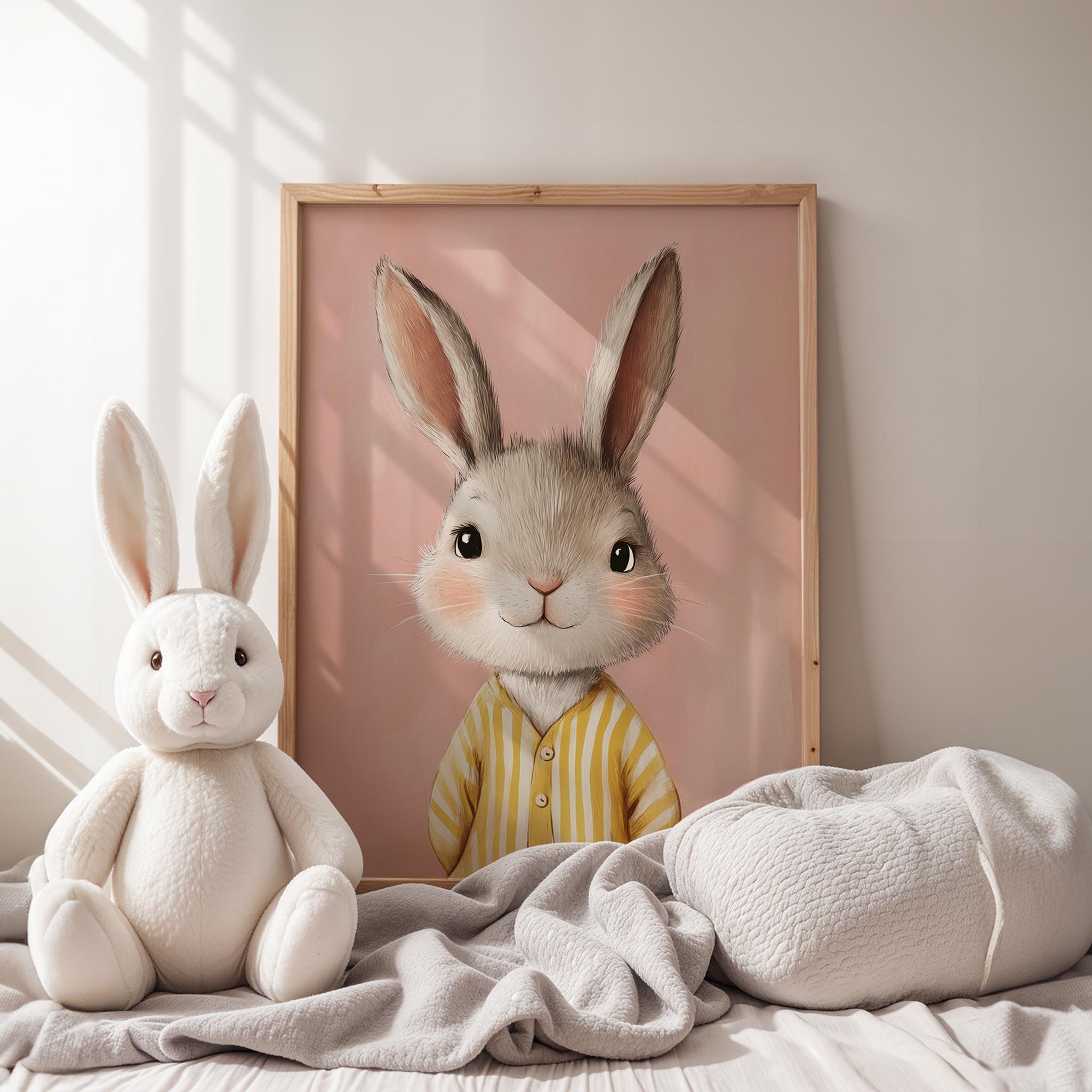 Pijamalı Uykucu Tatlı Tavşan - Pembe Fon