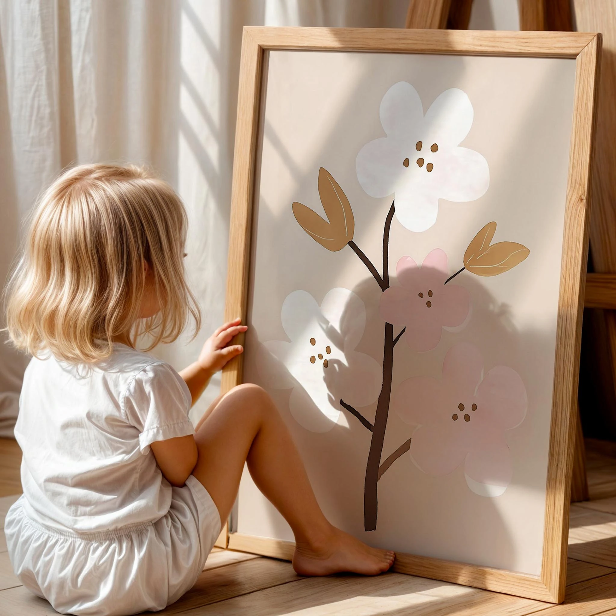 Bohem Dalda Pembe Çiçek Kız Çocuk Odası Ahşap Tablo