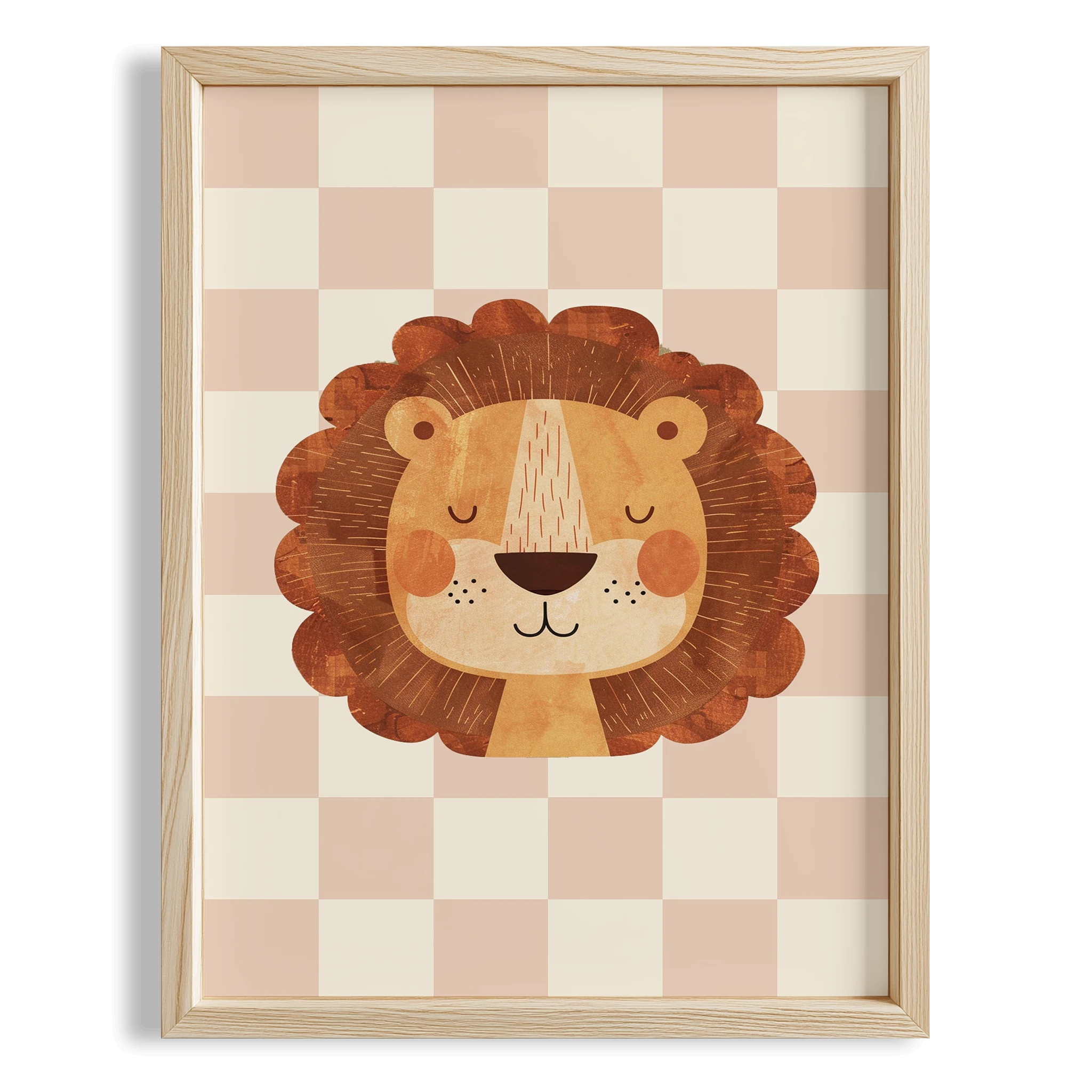 Aslan Sevimli Safari Hayvanları Pembe Kareli Fonlu Çocuk Odası Ahşap Tablo