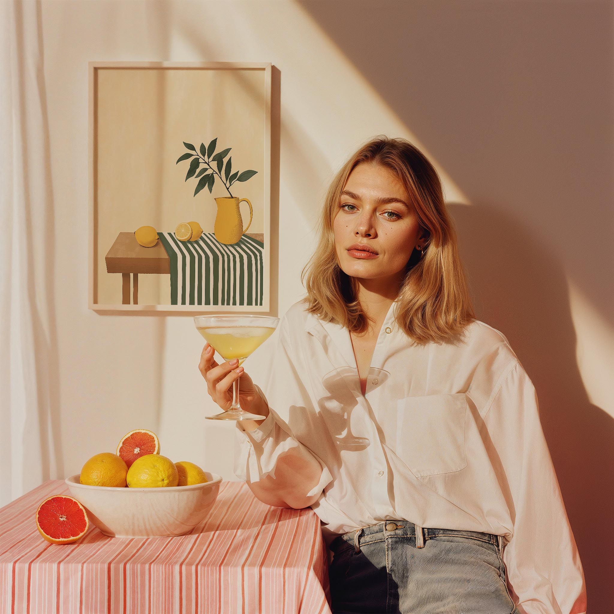 Masada Limonlar ve Çizgili Vazo Meyveler Mutfak Duvar Tablosu