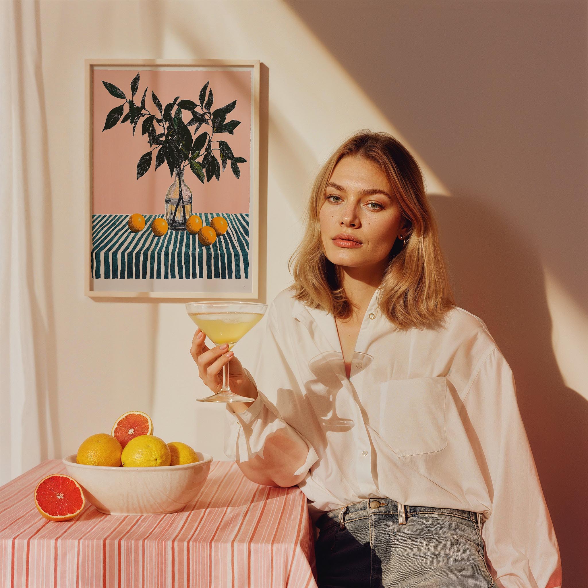 Masada Portakal ve Çizgili Vazo Meyveler Mutfak Duvar Tablosu