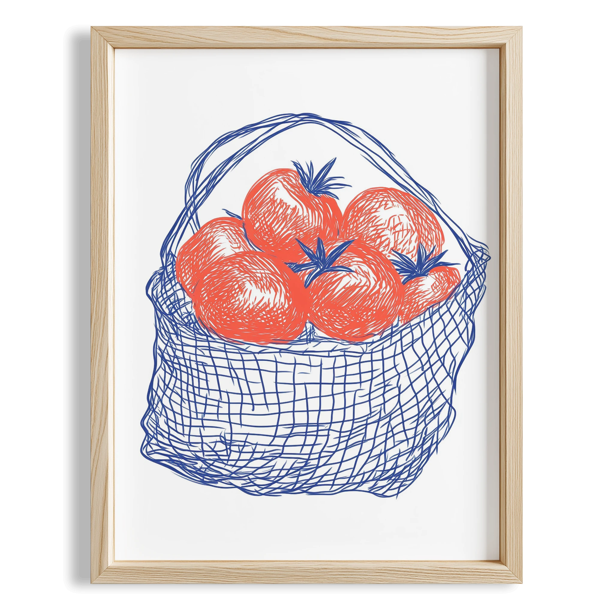 Hasır Sepette Domates Vintage Çizim Mutfak Duvar Tablosu