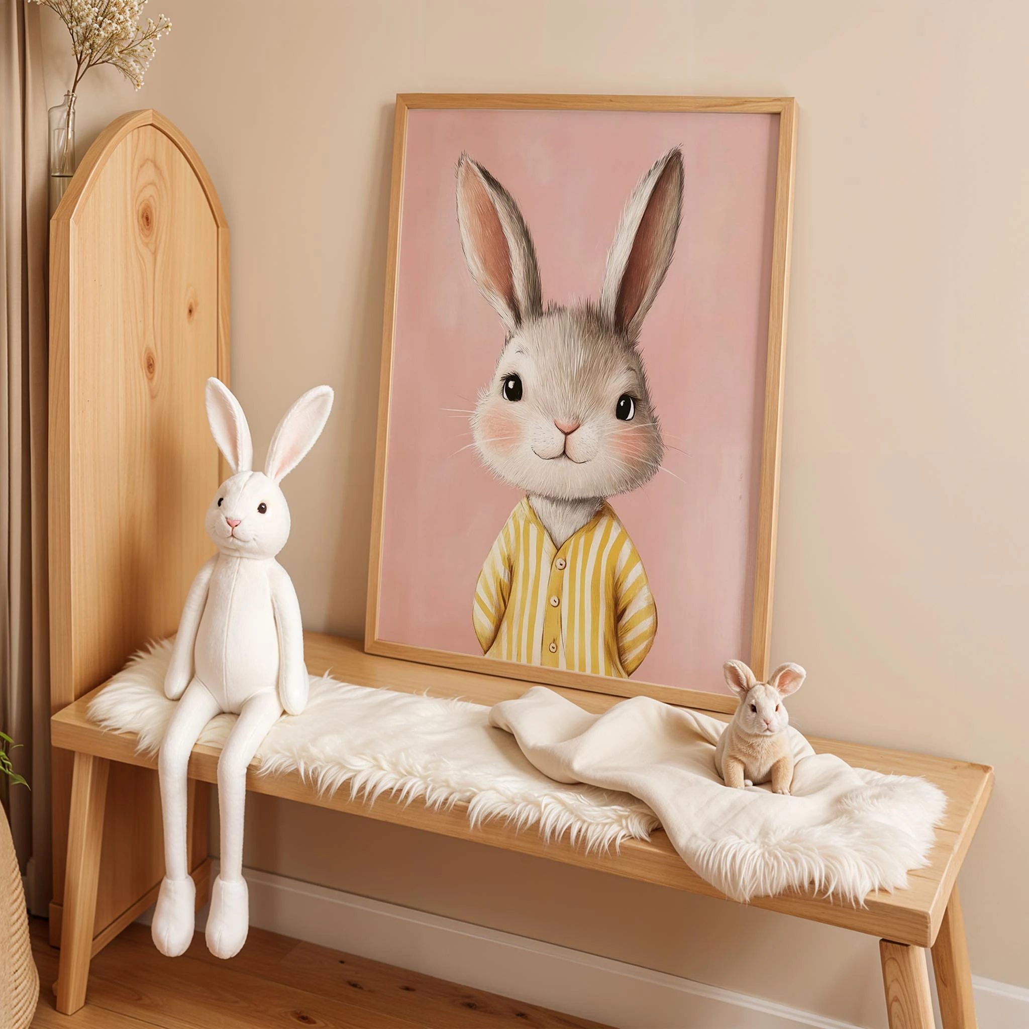 Pijamalı Uykucu Tatlı Tavşan - Pembe Fon