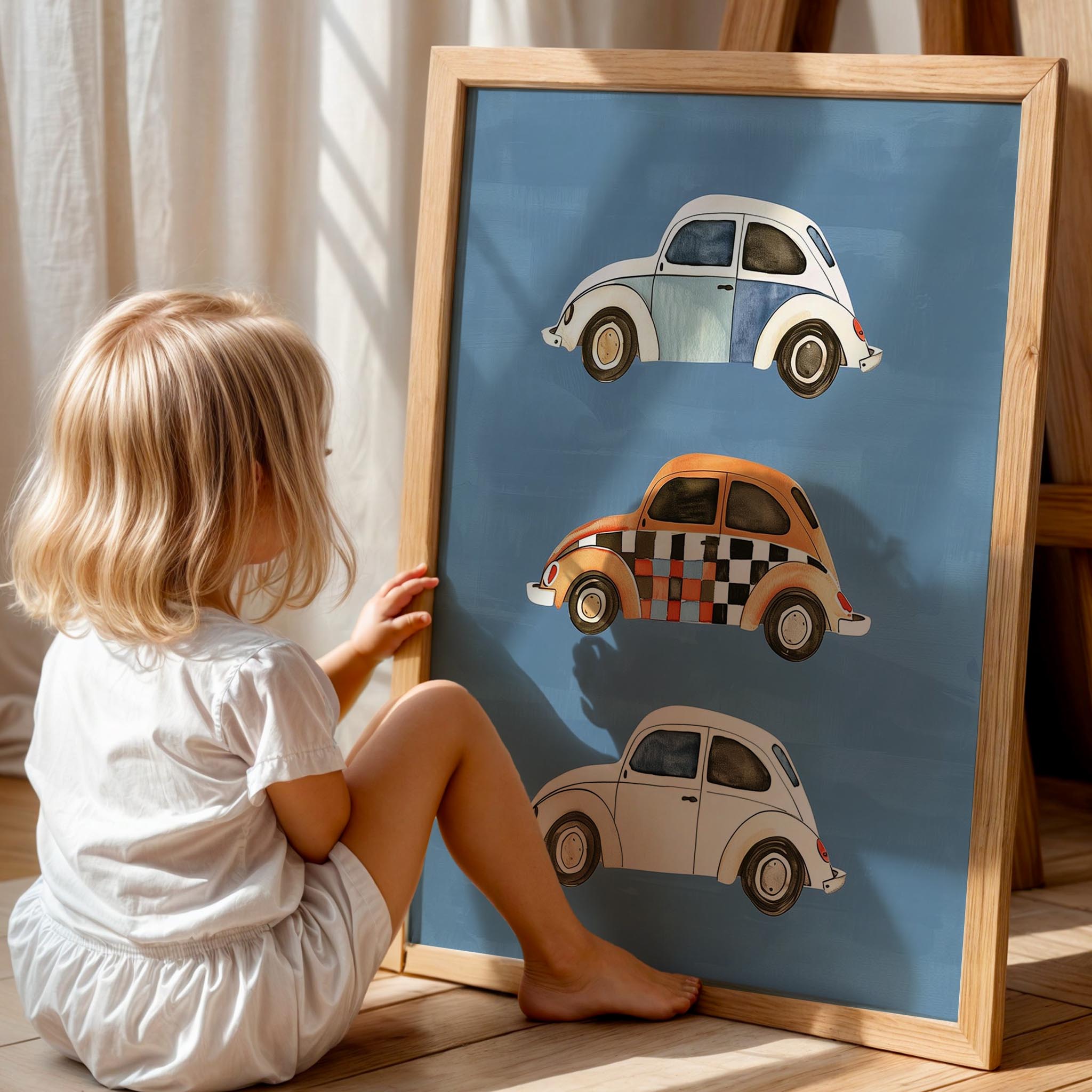 Vosvos Arabalar Mavi Fonlu Araba Temalı Erkek Çocuk Odası Ahşap Tablo