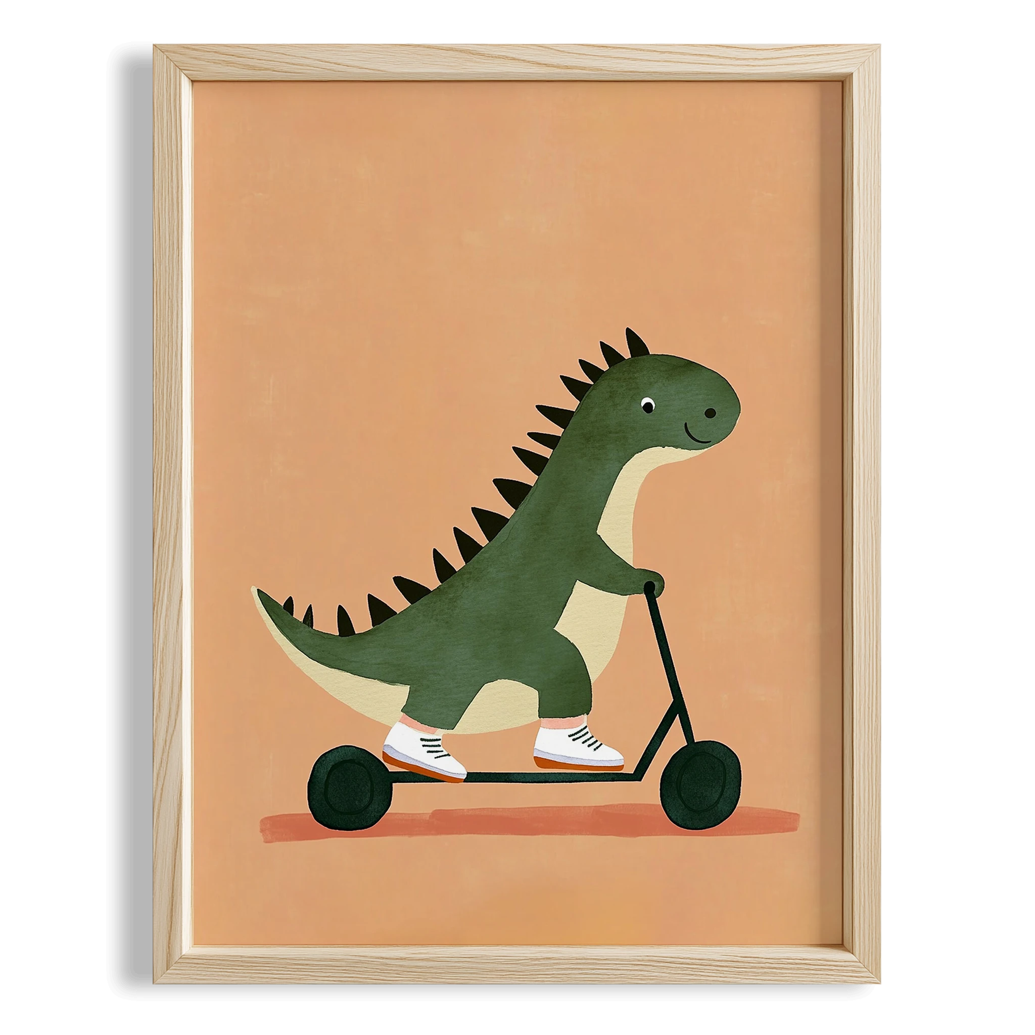 Scooter Süren Dinozor Temalı Krem Fonlu Çocuk Odası Ahşap Tablo II