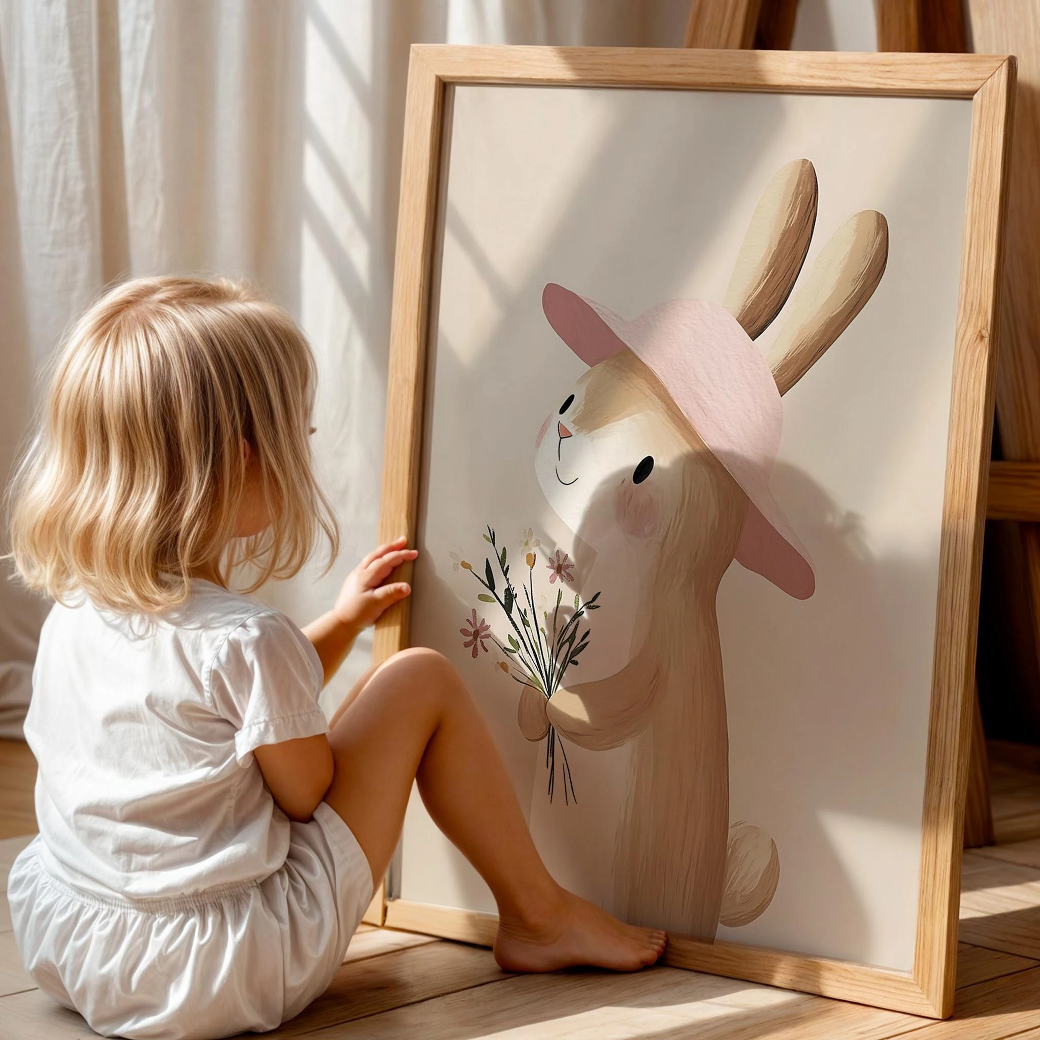 Şapkalı Sevimli Tavşan Bohem Kız Çocuk Odası Ahşap Tablo