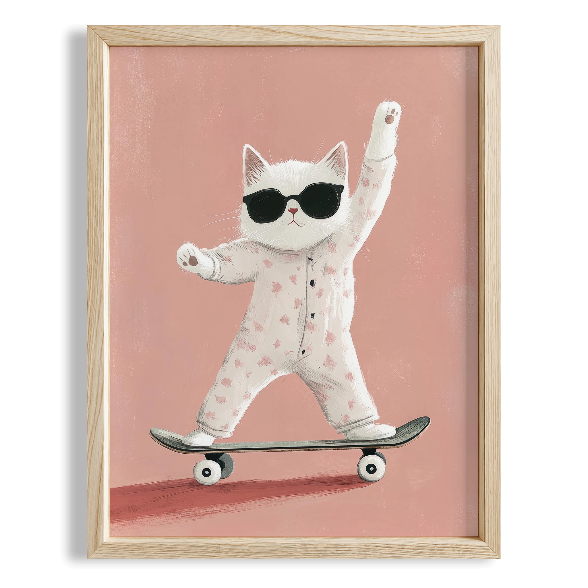 Pijamalı Kaykaycı Kedi - Pembe Fon