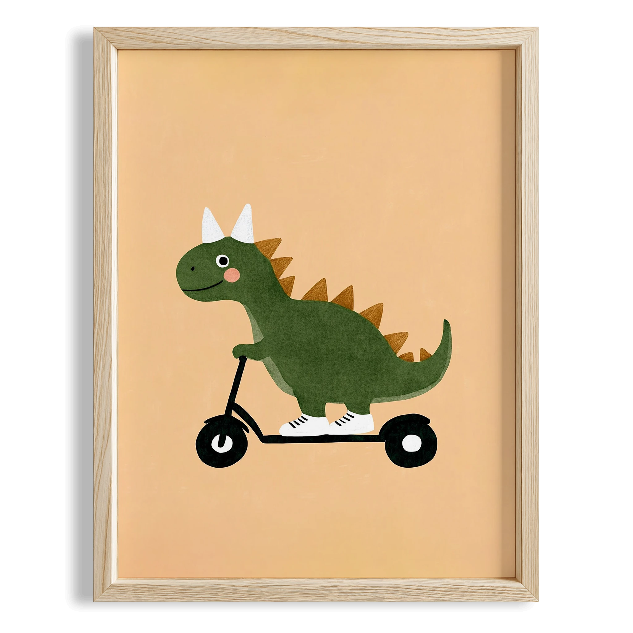 Scooter Süren Dinozor Temalı Sarı Fonlu Çocuk Odası Ahşap Tablo
