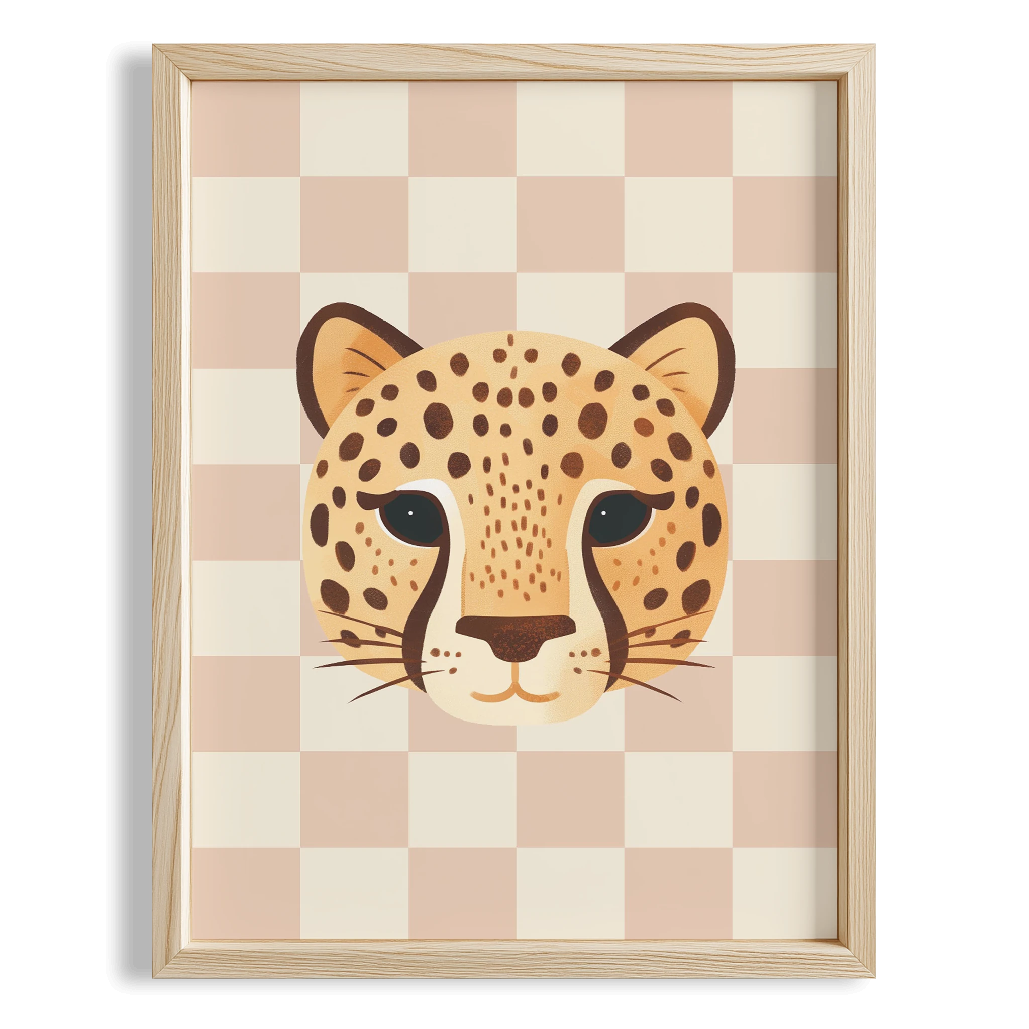 Kaplan Sevimli Safari Hayvanları Pembe Kareli Fonlu Çocuk Odası Ahşap Tablo