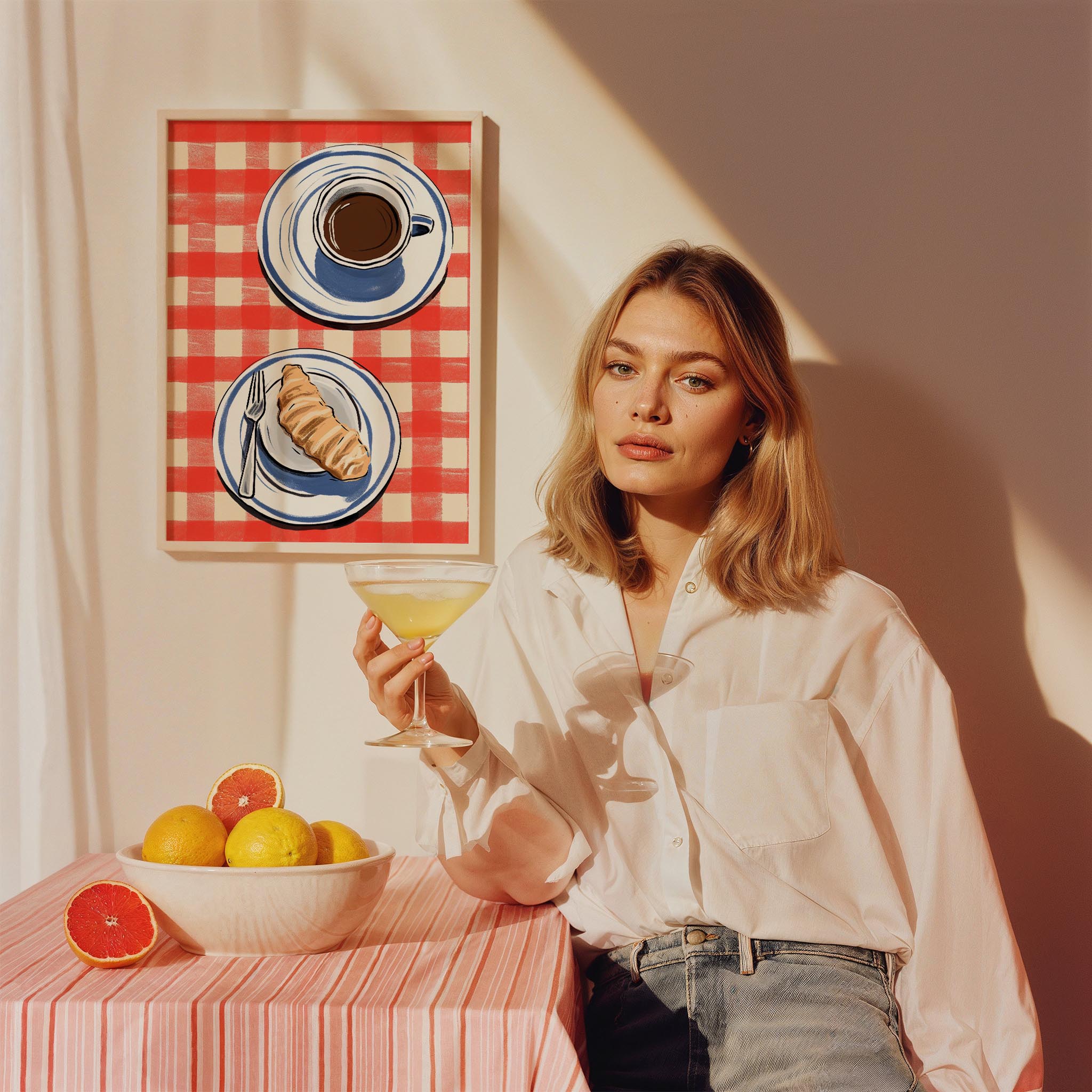 Kırmızı Kareli Masa ve Kahve-Croissant Mutfak Duvar Tablosu