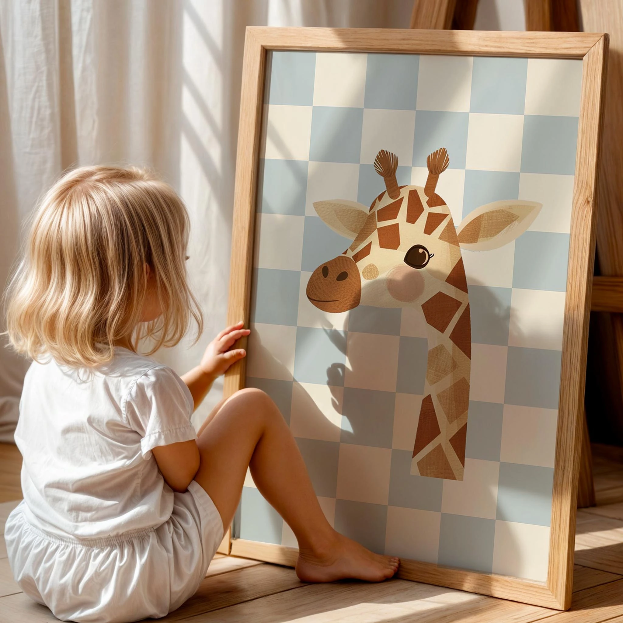 Zürafa Sevimli Safari Hayvanları Açık Mavi Kareli Fonlu Çocuk Odası Ahşap Tablo