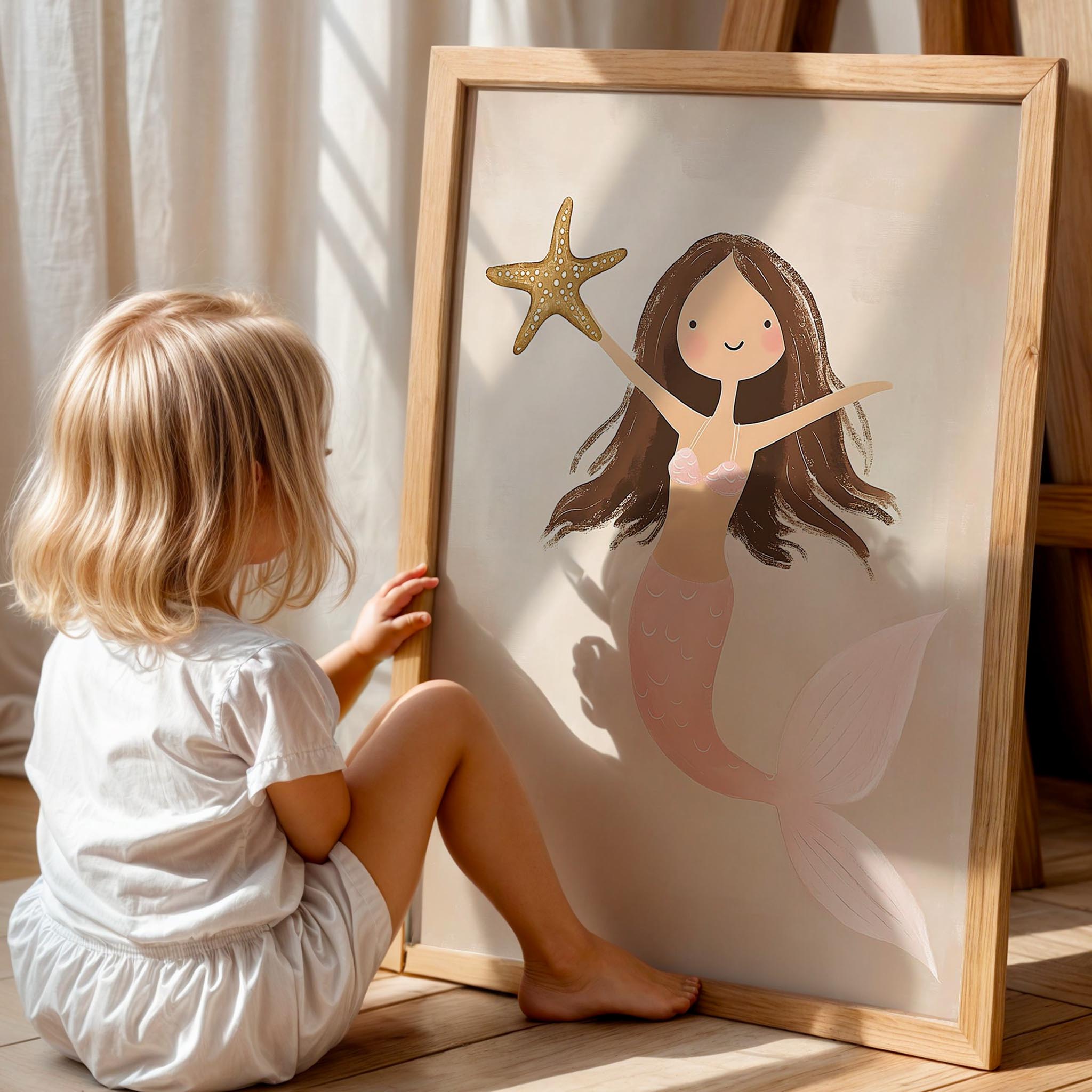 Sevimli Deniz Kızı Kız Çocuk Odası Ahşap Tablo