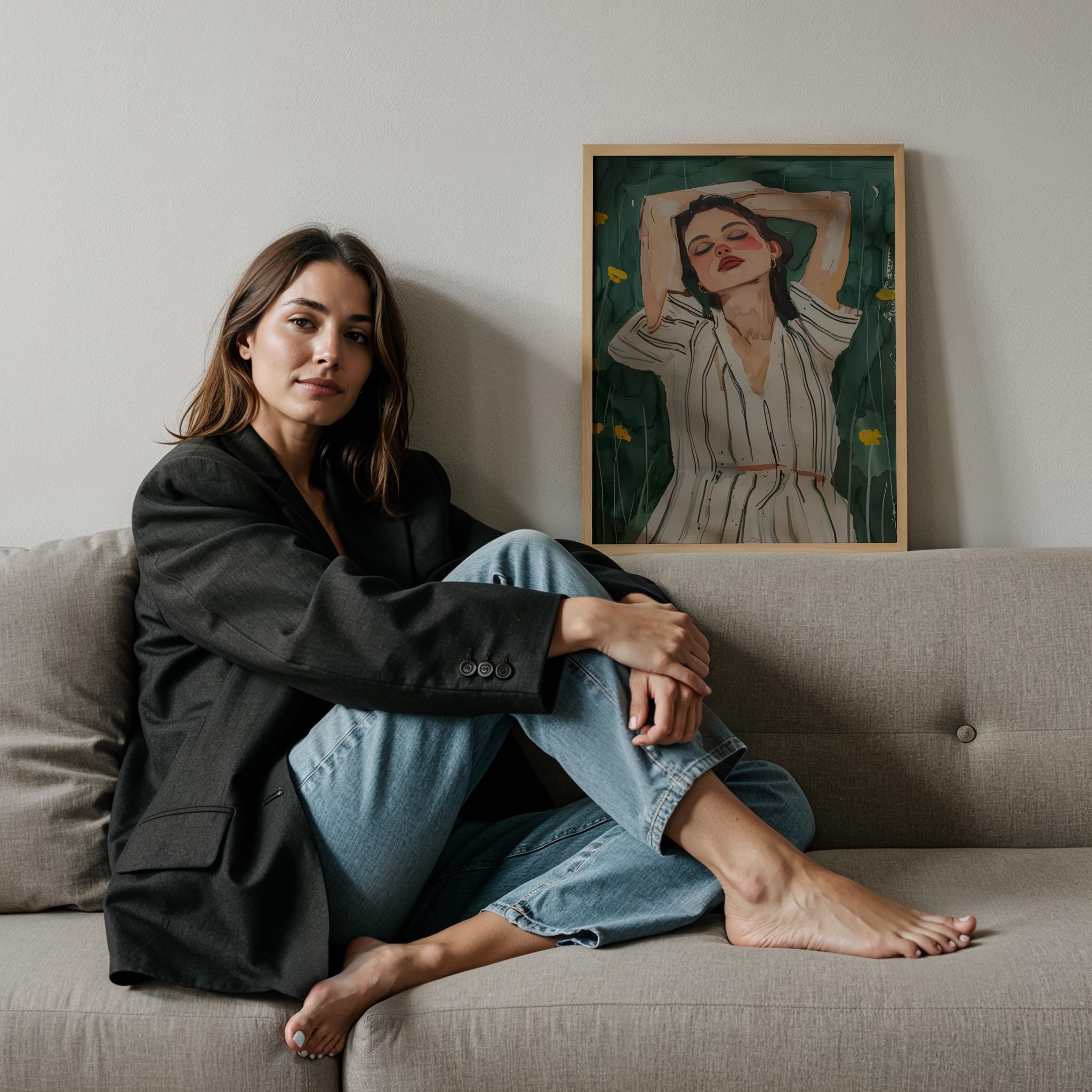 Kadın Portre LI - Çizgili Gömlek, Kırmızı Dudak