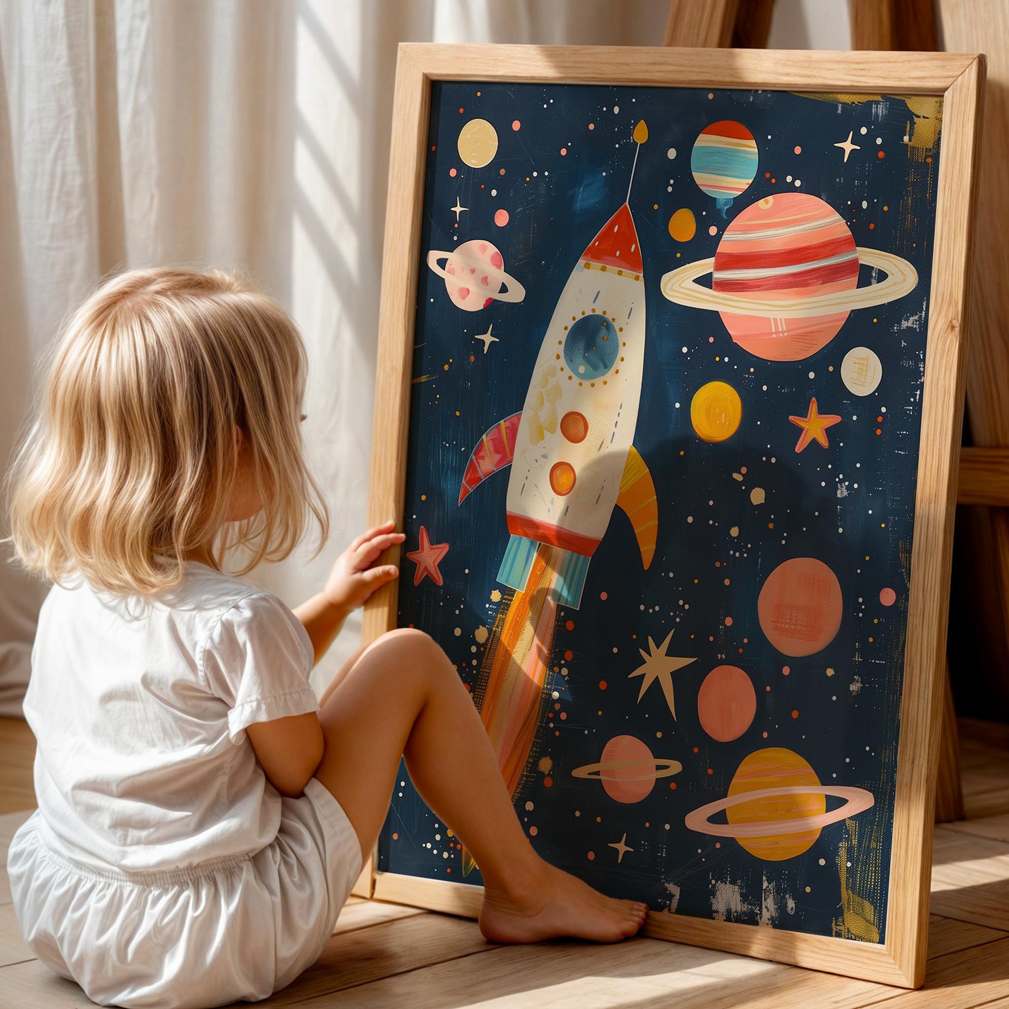 Roket Yıldızlar Gezegenler Öğretici Uzay Temalı Erkek Çocuk Odası Ahşap Tablo
