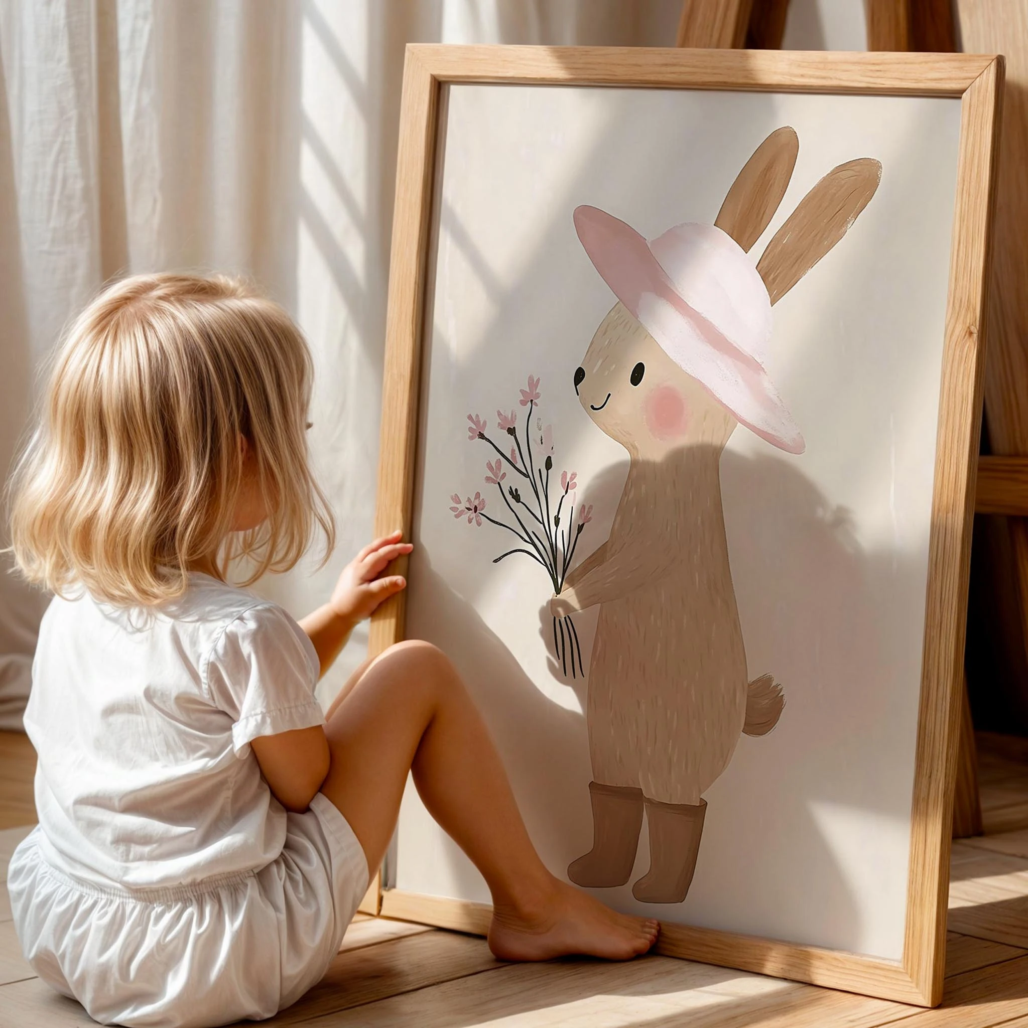 Sevimli Şapkalı Tavşan Bohem Kız Çocuk Odası Ahşap Tablo