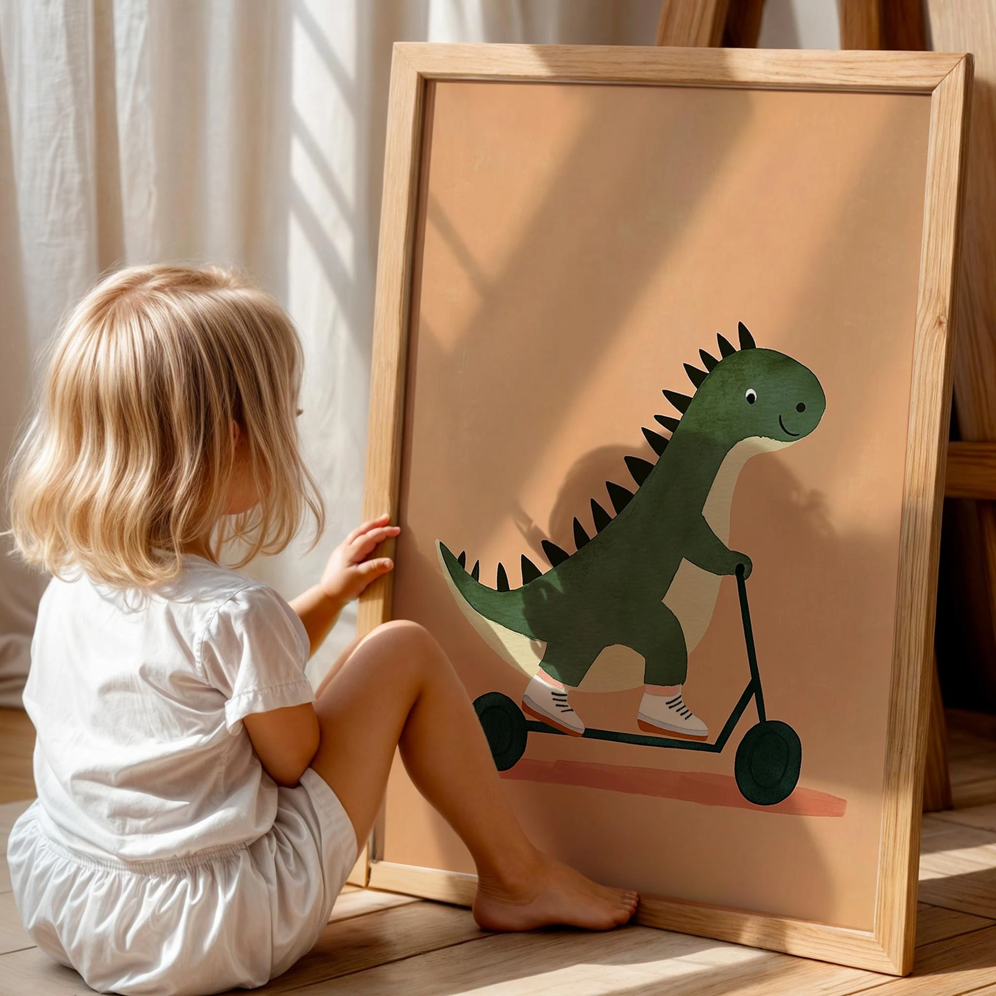Scooter Süren Dinozor Temalı Krem Fonlu Çocuk Odası Ahşap Tablo II