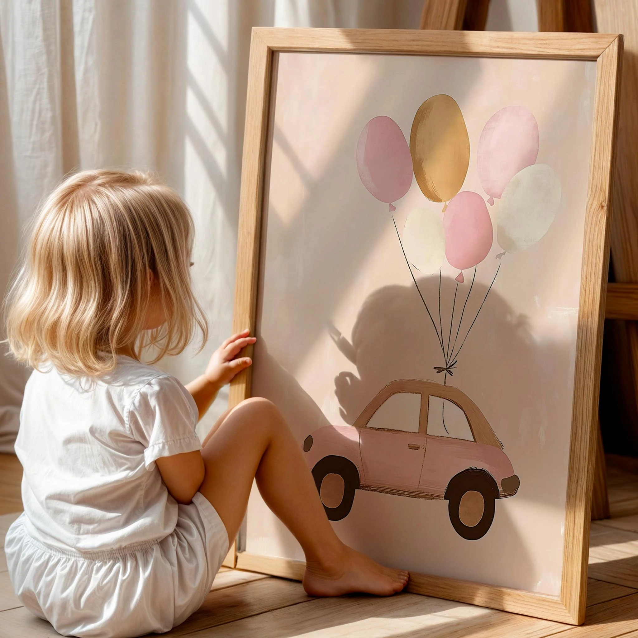 Balonlu Pembe Araba Kız Çocuk Odası Ahşap Tablo