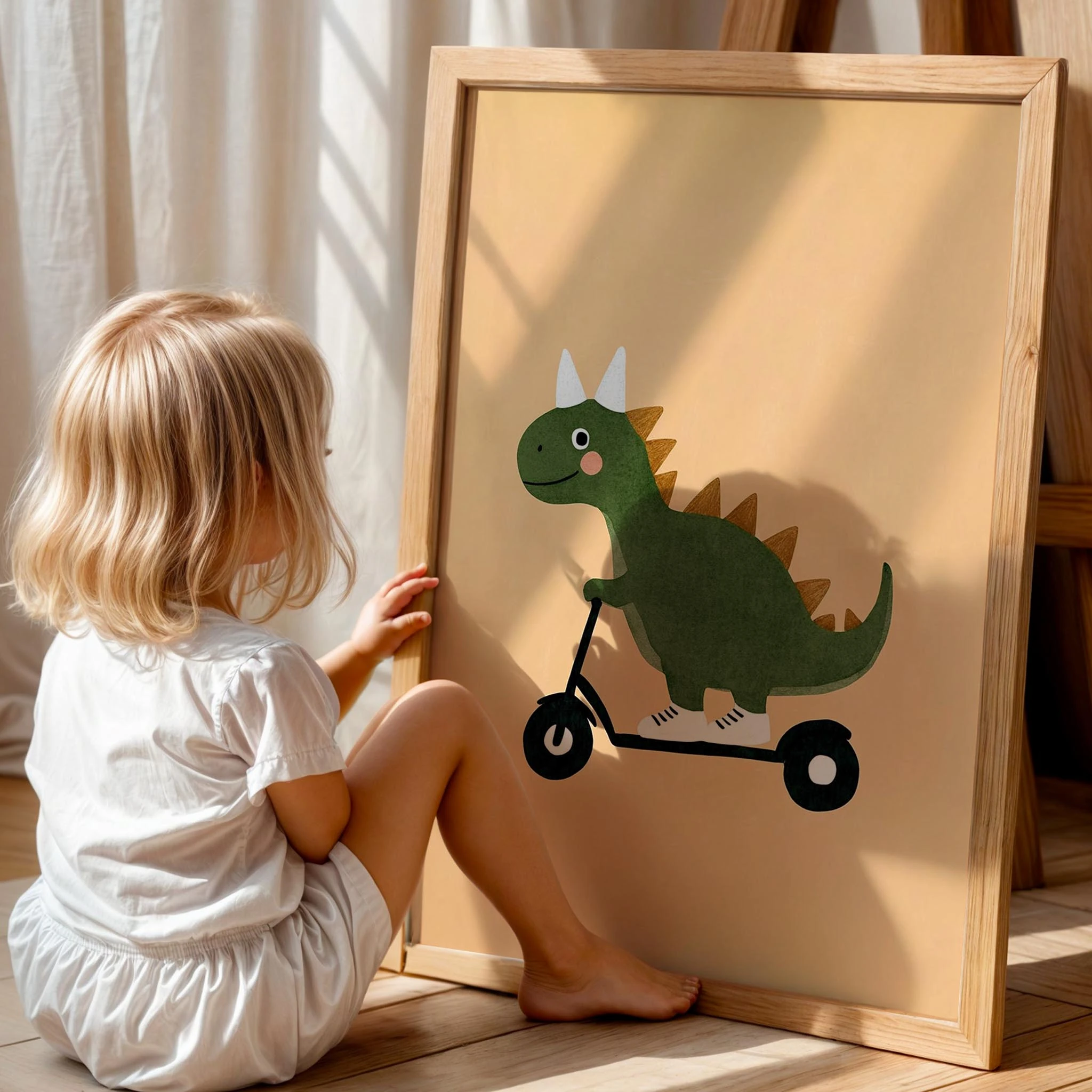 Scooter Süren Dinozor Temalı Sarı Fonlu Çocuk Odası Ahşap Tablo