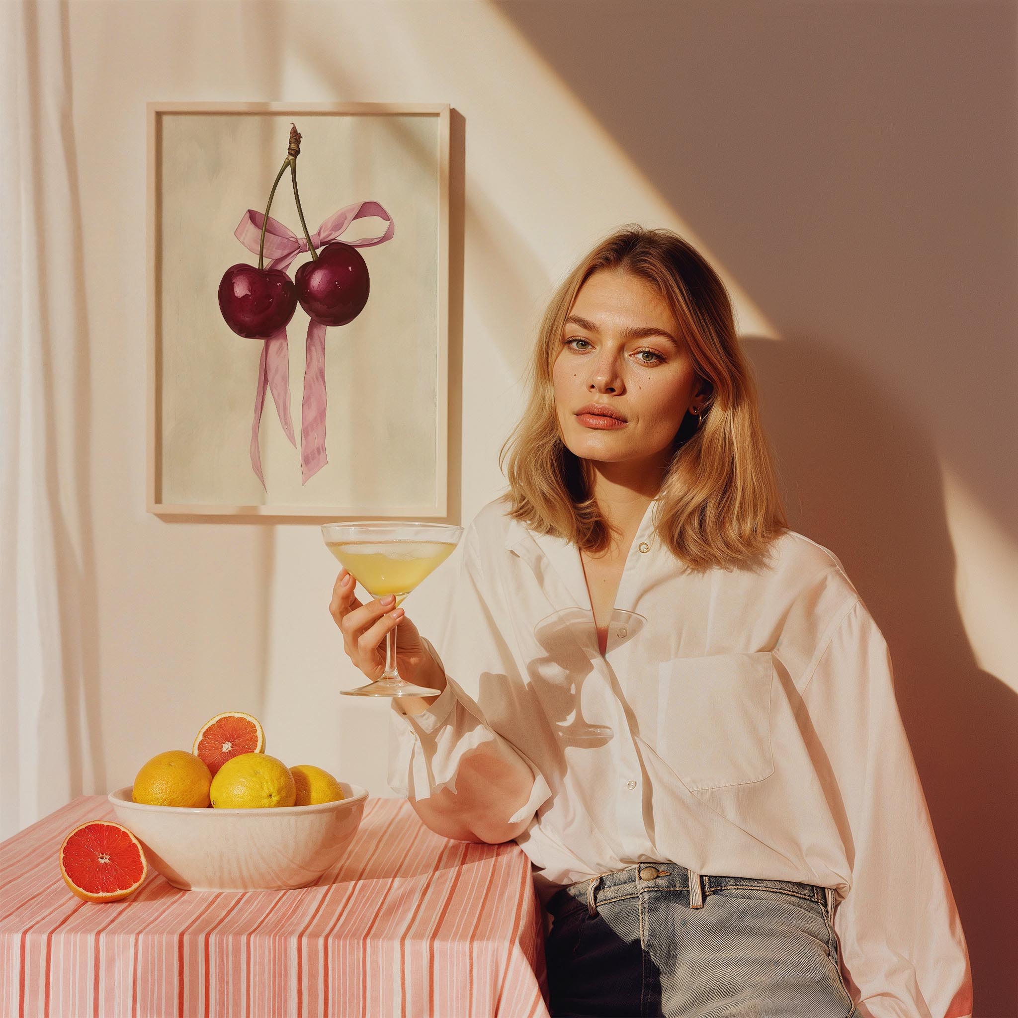 Pembe Kurdela ve Kiraz Minimal - Duvar Tablosu