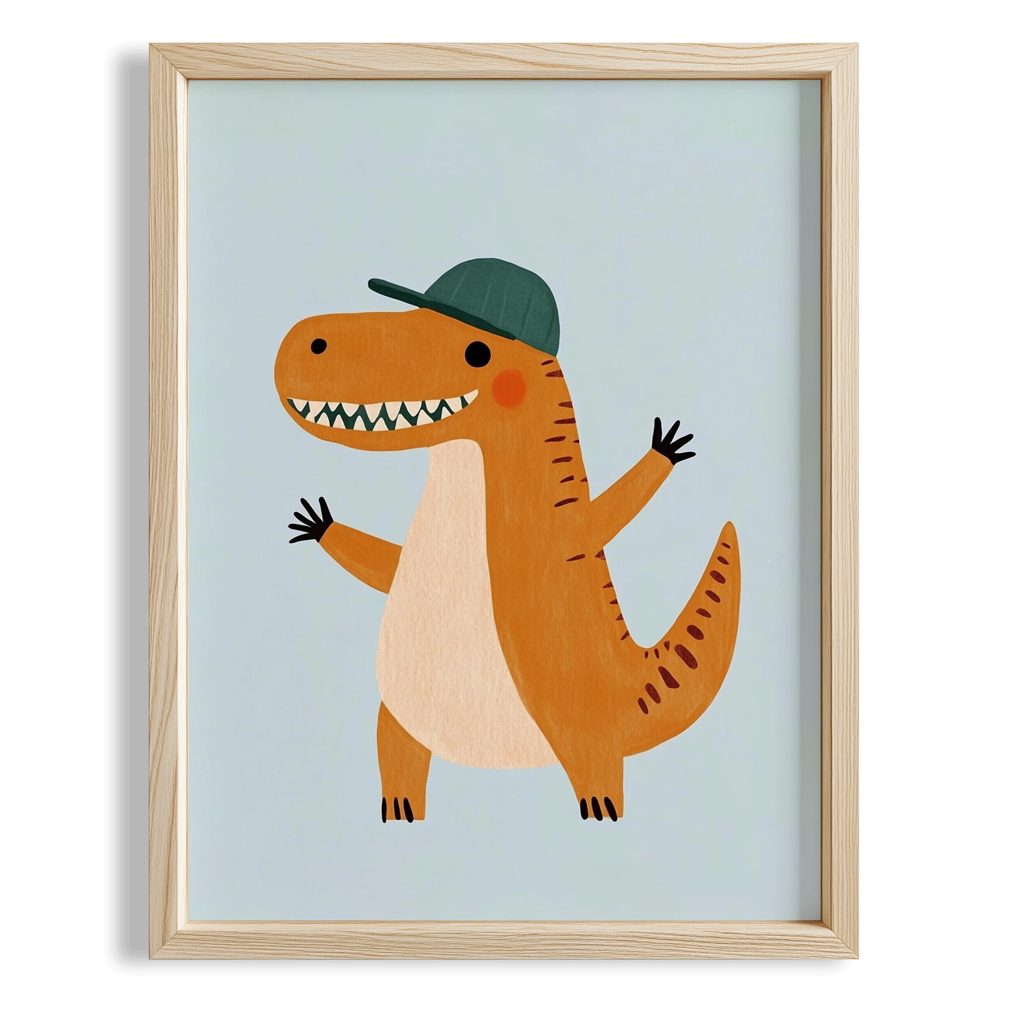 Neşeli Şapkalı Dinozor Temalı Mavi Fonlu Çocuk Odası Ahşap Tablo