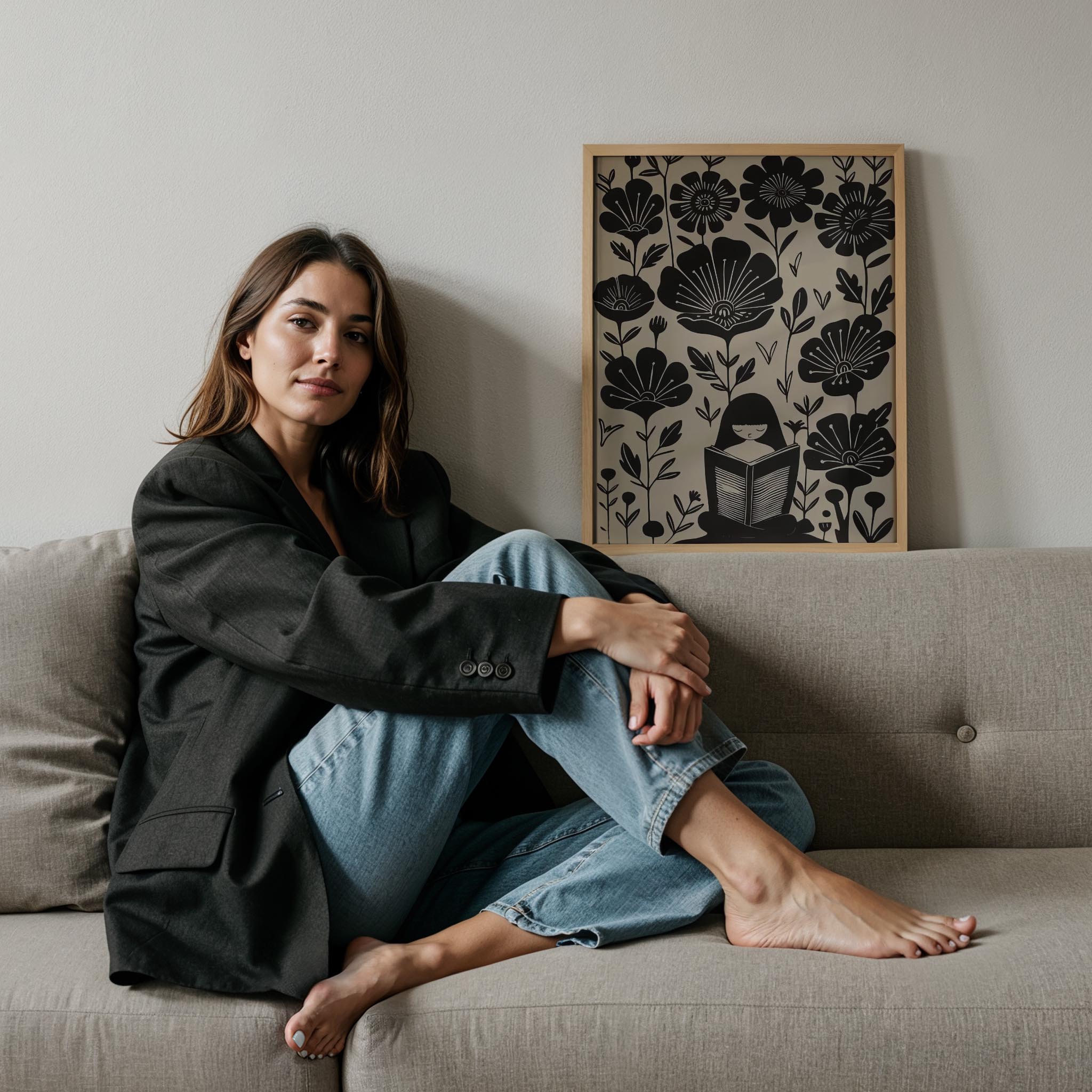 Çiçekler İçinde Kitap Okuyan Kadın