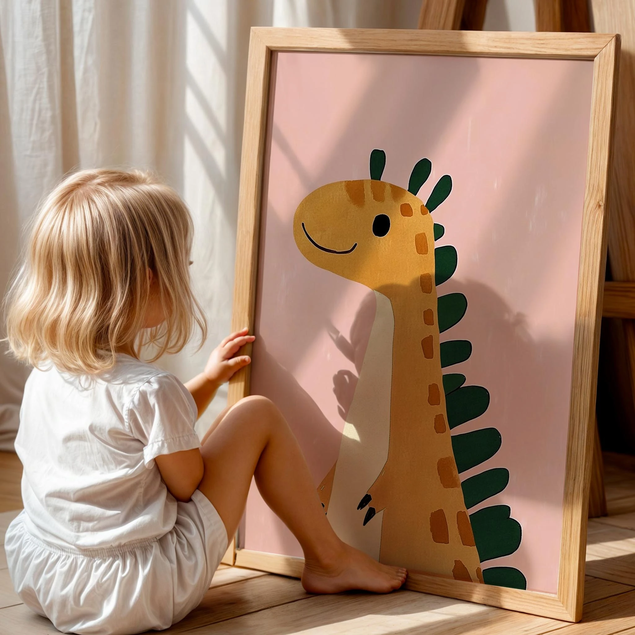 Sevimli Dinozor Temalı Pembe Fonlu Çocuk Odası Ahşap Tablo