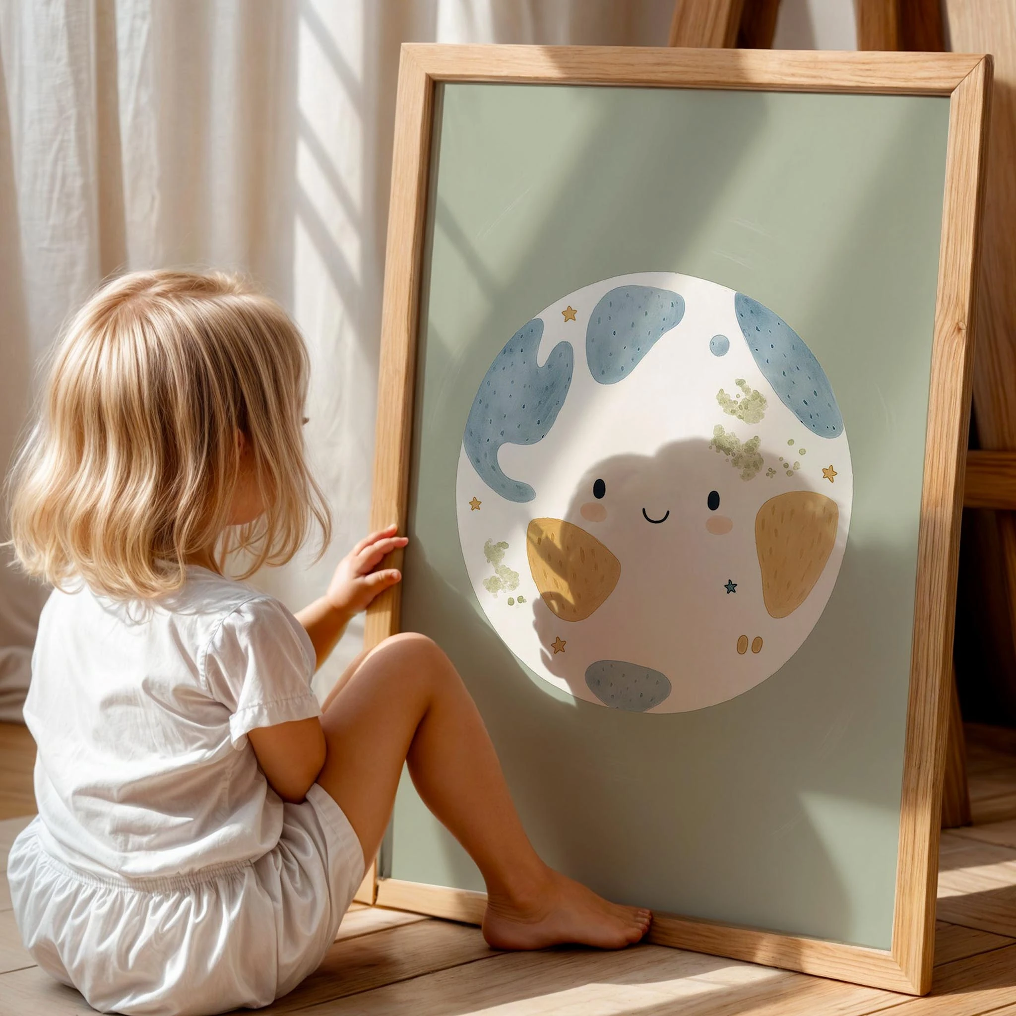 Sevimli Ay Yeşil Fon Uzay Temalı Çocuk Odası Ahşap Tablo