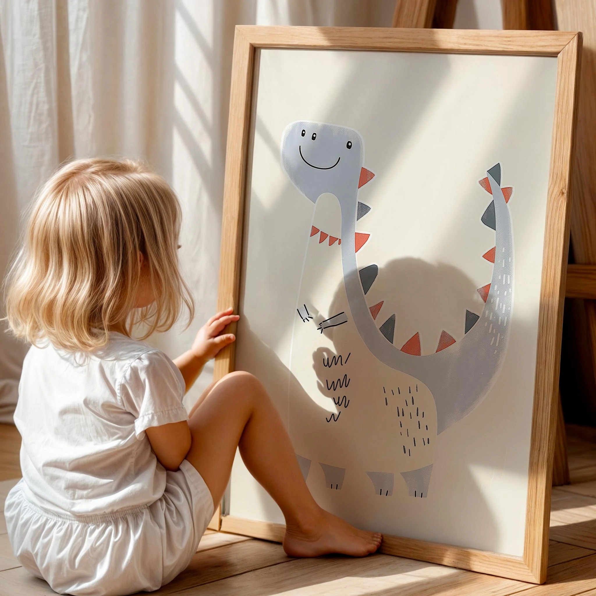 Dinozor Sevgisi - Eklektik Tarzda Minimalist Çocuk Odası Dekorasyonu Ahşap Çerçeveli Duvar Tablosu