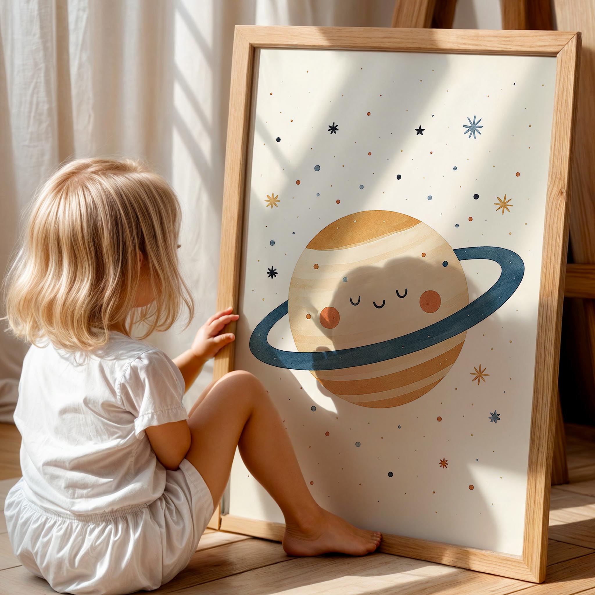 Sevimli Satürn Gezegen Uzay Temalı Çocuk Odası Ahşap Tablo