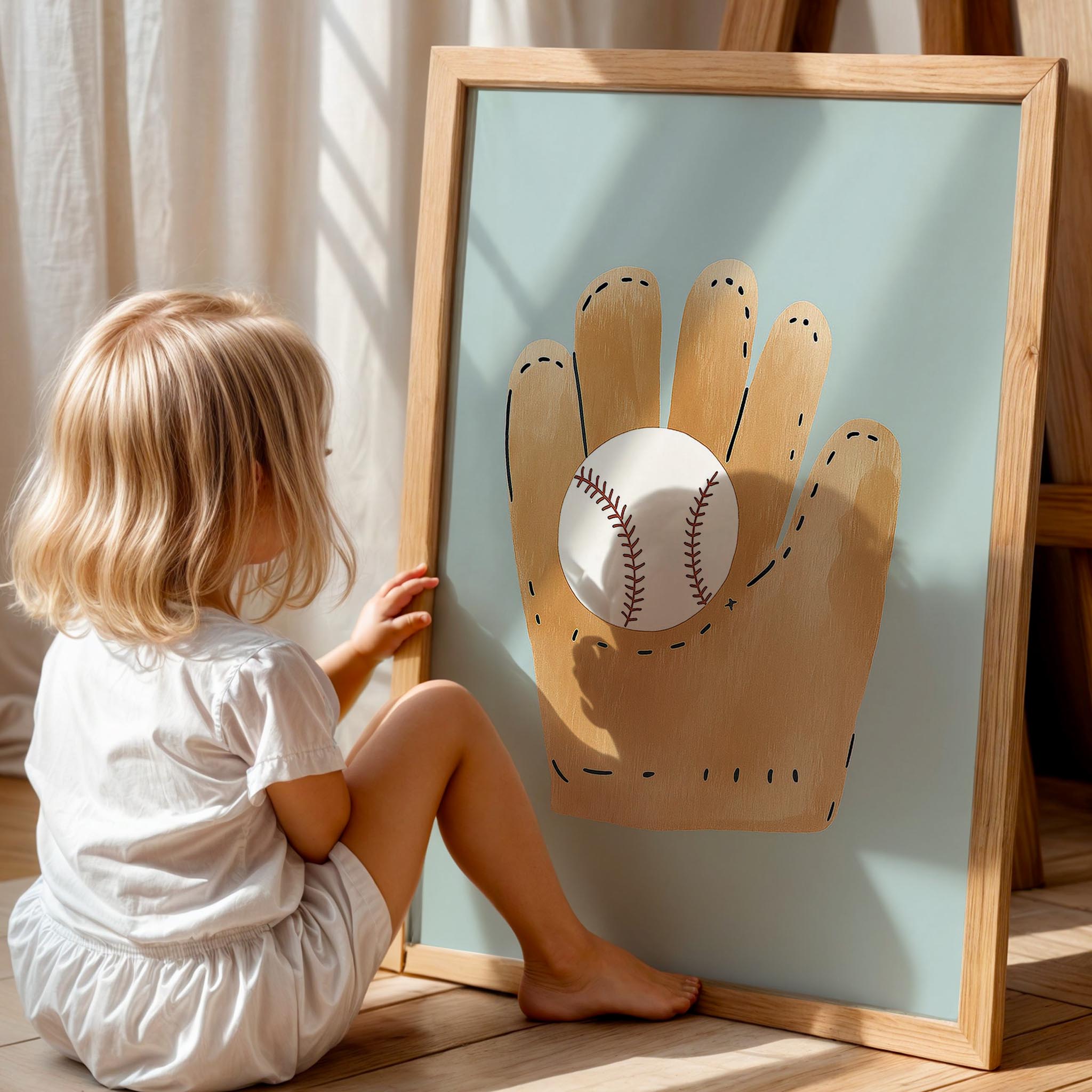 Beyzbol Eldiveni ve Beyzbol Topu Spor Temalı Çocuk Odası Ahşap Tablo
