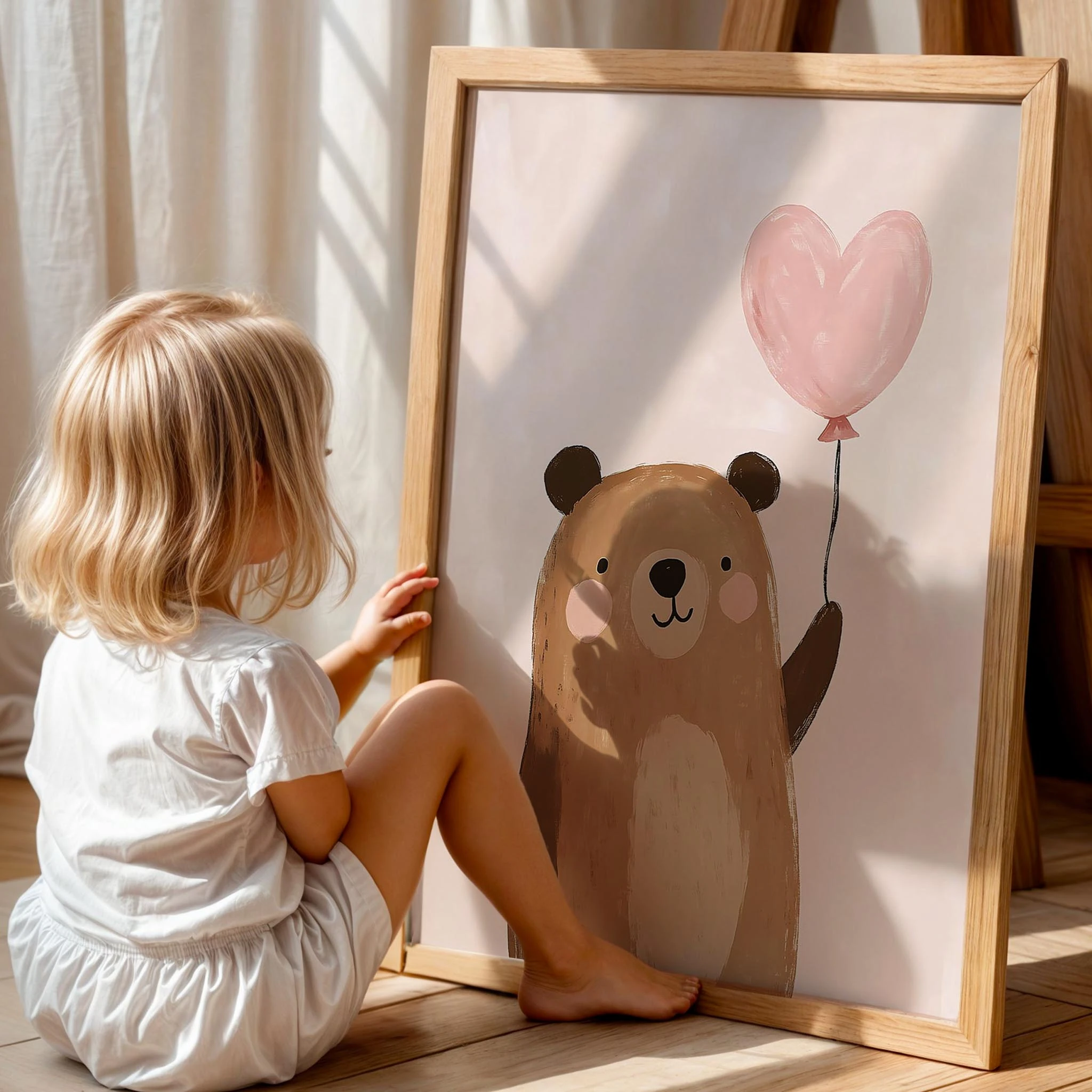 Kalp Balonlu Sevimli Ayıcık Bohem Kız Çocuk Odası Ahşap Tablo