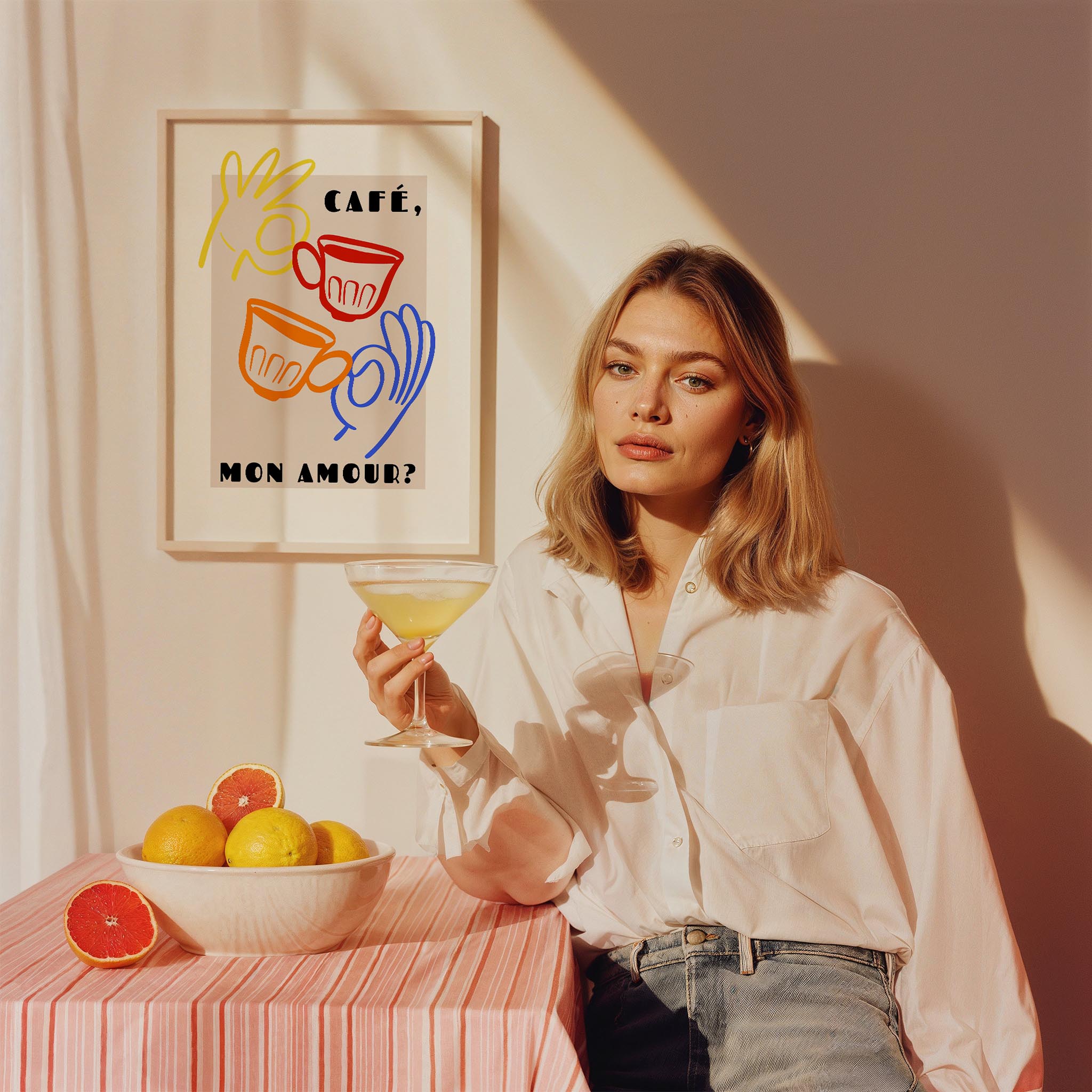 Café Mon Amour Fransız Renkli Minimal Çizimler Mutfak Duvar Tablosu