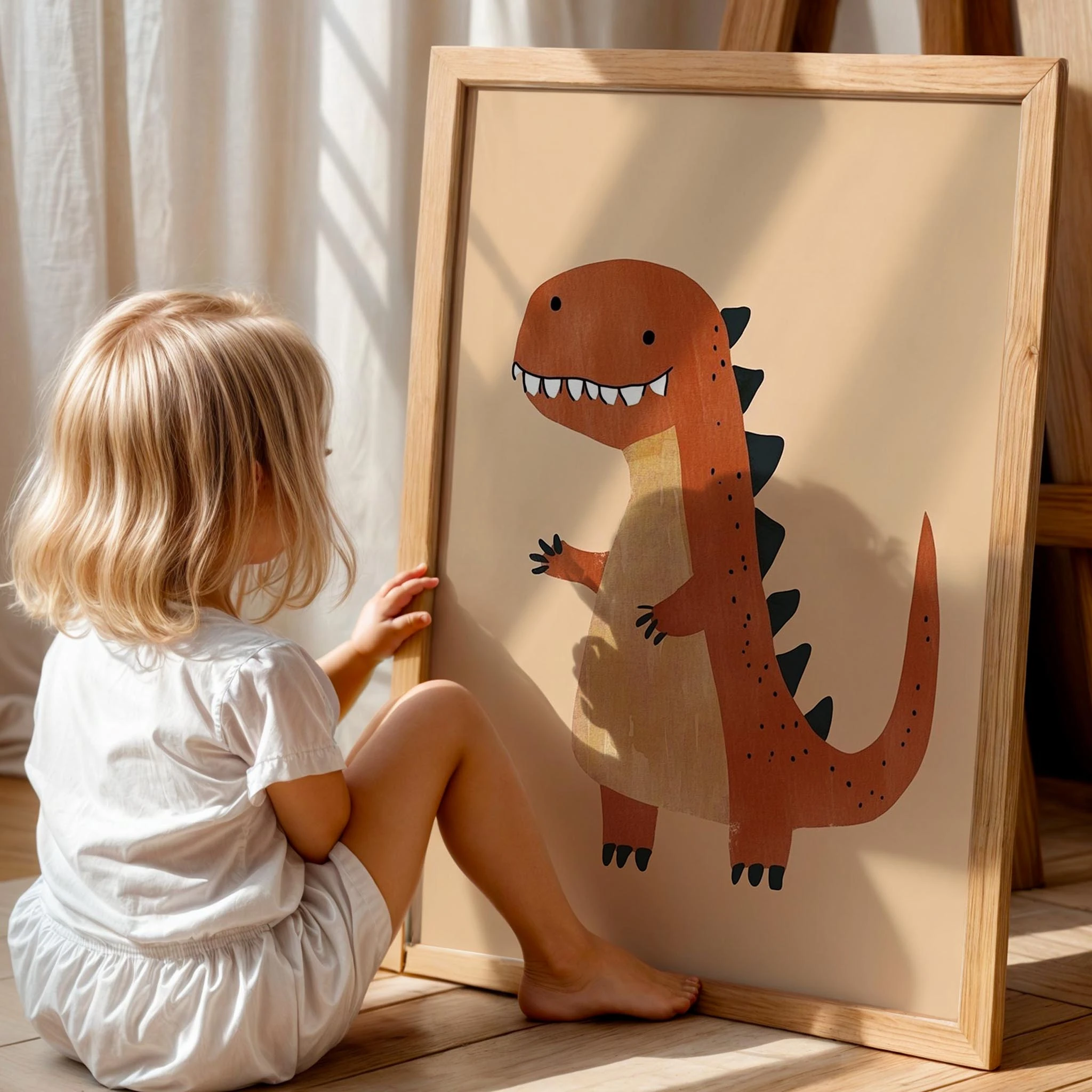 Gülen Dinozor Temalı Bej Fonlu Çocuk Odası Ahşap Tablo II